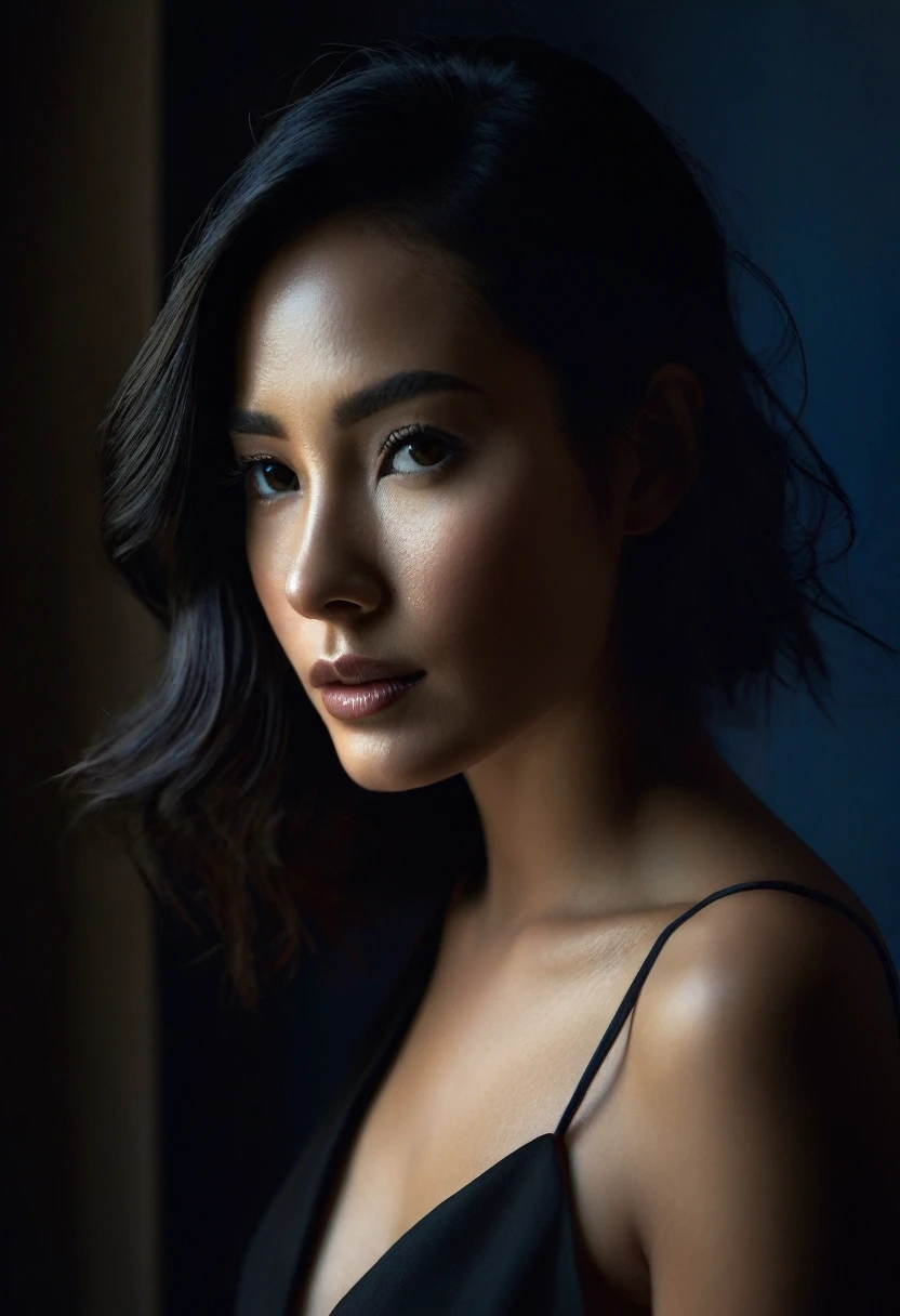 woman bathed in soft light, leaning against a wall, looking into the camera in a moment of raw emotion. Her attire is minimal, accentuating her beauty with the dramatic shadows cast by the lighting. The background is stark, with sharp contrasts highlighting the contours of her form. The blue and black palette intensifies the mood, evoking a sense of mystery and allure. Subtle film grain and meticulous shading add depth and texture, emphasizing the emotional gravity of the scene. The lighting creates a chiaroscuro effect, accentuating her expressive pose and the intense atmosphere.