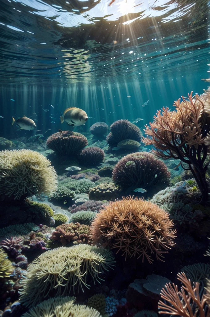 Imagine a vibrant underwater kelp forest. Tall green kelp plants with long, leafy fronds sway gently in the ocean currents. Schools of colorful fish swim among the kelp, finding shelter and food. The water is clear, with beams of sunlight piercing through, illuminating the rich biodiversity. Various marine animals such as sea otters, starfish, and sea urchins are visible, thriving in this lush underwater habitat. The scene is lively, teeming with marine life, showcasing the beauty and importance of kelp forests.

