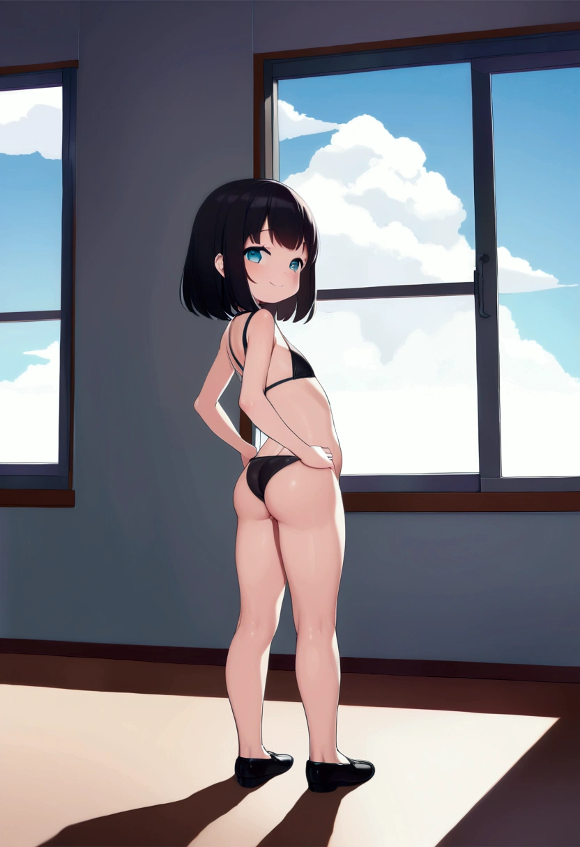 ((masterpiece)),((Highest quality)),((High resolution)),((Anatomical)),((Realistic)),((Detailed Description)), ((Full body view)), ((Perfect lighting)),8K)),((cute)),((School classroom)),((Window)),((blue sky)),((cumulonimbus)),((FOCUS standing girl.)),(((((One ))),(((FOCUS Loli))),(((ral))),((FOCUS child)),((FOCUS 8-year-old)),((Beautiful eyes)),((FOCUS Baby Face)),((low length)),((FOCUS Petite)),((Flat Chest)), (((FOCUS WIDE HIP, AND ROUND ASS, WEAR BLACK SHOES)),, ((Snipped haircut, Black hair)), ((FOCUS holdups with leather accents)), ((((FOCUS THE GIRL IS WEARING A black brassiere)) , ((Seductive smile)),((Red cheeks)), ((FOCUS SIDE VIEW)), ((FOCUS she showing her ass)), ((FOCUS HER HANDS ON THE HIPS)). ((sleek design)) , PUSSY VISIBLE.