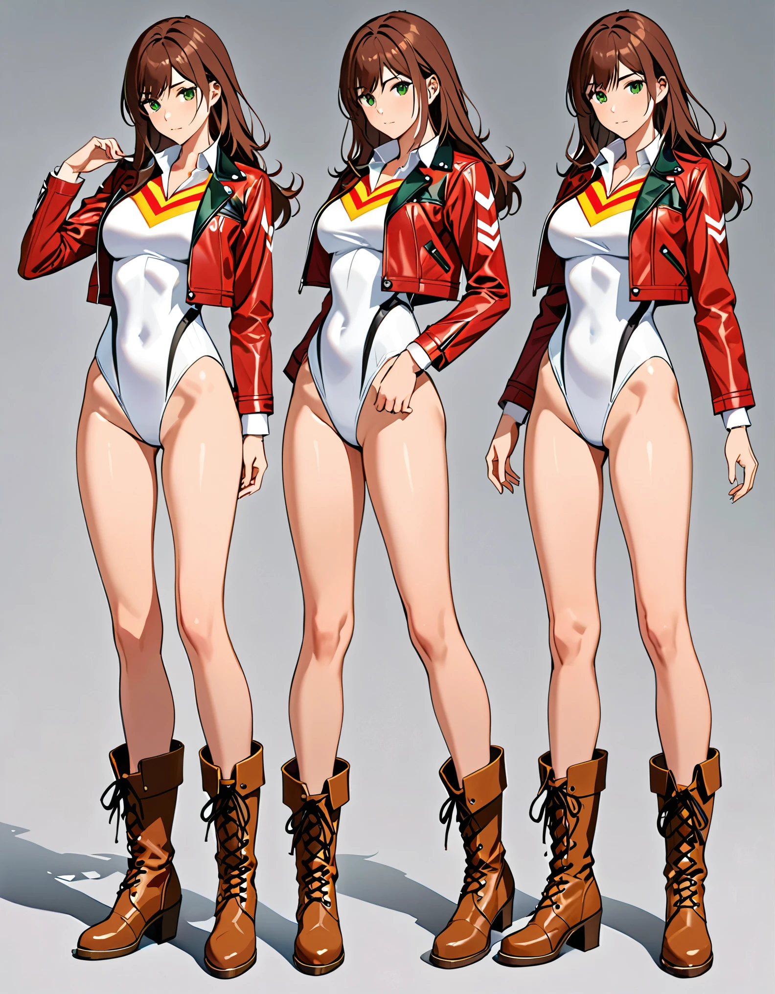 (masterpiece), (best quality), (high res), 1lady, tall body, beautiful detailed eyes, beautiful detailed face, serious, perfect hands, complete fingers, perfect anatomy, perfect proportions, ((brown hair, medium hair, hair down)), ((green eyes)), ((leotard, white leotard, matching leotard)), ((white dress collar, open collar)), ((bare legs)), ((boots, matching boots, ankle-high boots, red boots)), breasts, medium breasts, looking at viewer, (solo, solo focus), standing, (((yellow upside-down chevron) (symbol) on chest)), ((red leather jacket, open jacket)), full body costume design. Simple background, Multiple Views, Character Sheet Full-Length.