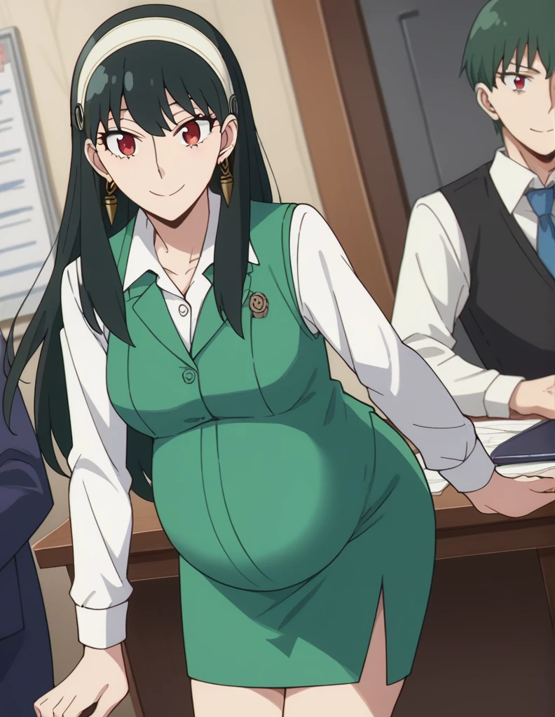 score_9, score_8_up, score_7_up, source_anime,
yorbriar, yor briar, black hair, red eyes, earrings, white hairband, hairband, long hair, sidelocks,
skirt, shirt, long sleeves, white shirt, earrings, collared shirt, vest, green skirt, pencil skirt, office lady, green vest,
indoors, smile, bent over,
looking at viewer, dutch angle, cowboy shot, pregnant, pregnant belly