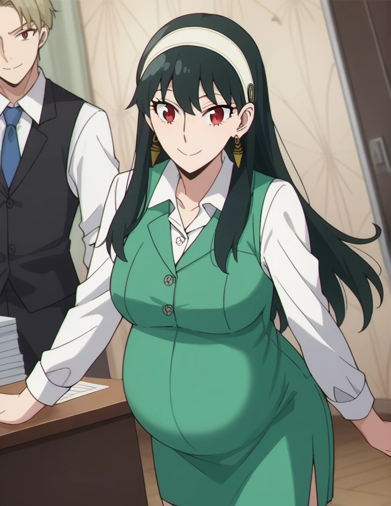 score_9, score_8_up, score_7_up, source_anime,
yorbriar, yor briar, black hair, red eyes, earrings, white hairband, hairband, long hair, sidelocks,
skirt, shirt, long sleeves, white shirt, earrings, collared shirt, vest, green skirt, pencil skirt, office lady, green vest,
indoors, smile, bent over,
looking at viewer, dutch angle, cowboy shot, pregnant, pregnant belly