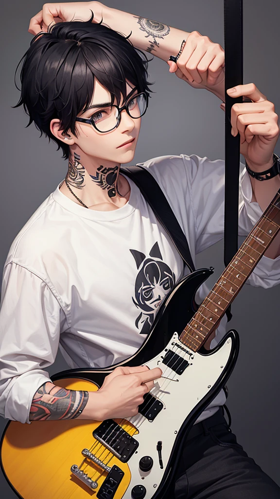 boy with glasses, black hair and tattoo on his hand playing electric guitar