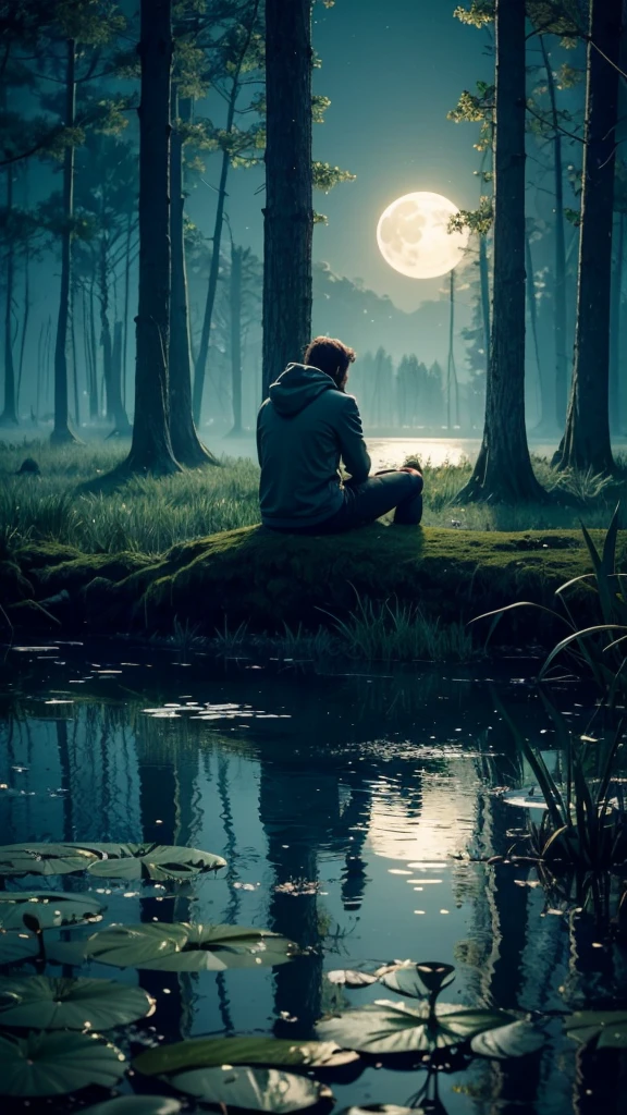 Create an image featuring a nocturnal swamp scene with a dark blue and green color palette for an enigmatic atmosphere. Include a full moon shining brightly in the center top of the composition, casting soft reflections on the water’s surface. Position a character resembling Shrek from DreamWorks’ animated movies in back view, sitting contemplatively on one side—preferably the left bottom —of the artwork, gazing at still waters dotted with lily pads. Ensure that tall, leafless tree silhouettes are present in the background to enhance this mysterious nighttime setting.