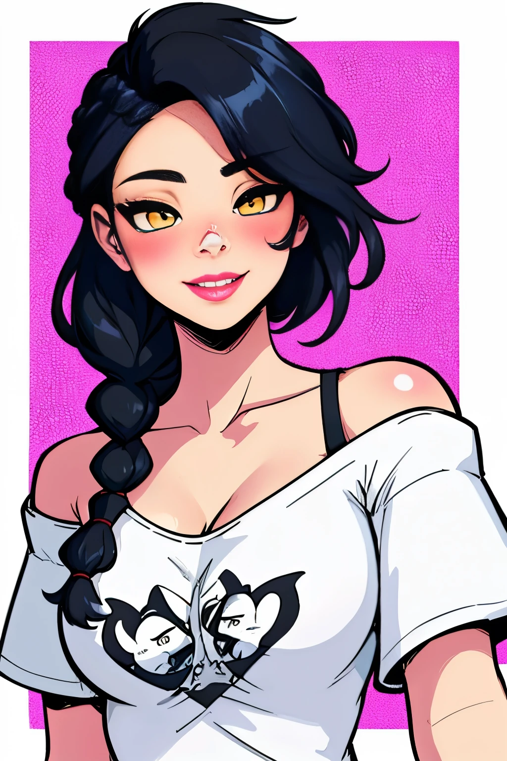 Sexy and cute woman, woman in love, yellow eyes, black hair braided, very seductive and soft eyes, blushing hard, pink lips parted, seductive smile, long neck, collarbone, medium chest, cleavage, off shoulder t shirt, no straps, bare shoulders