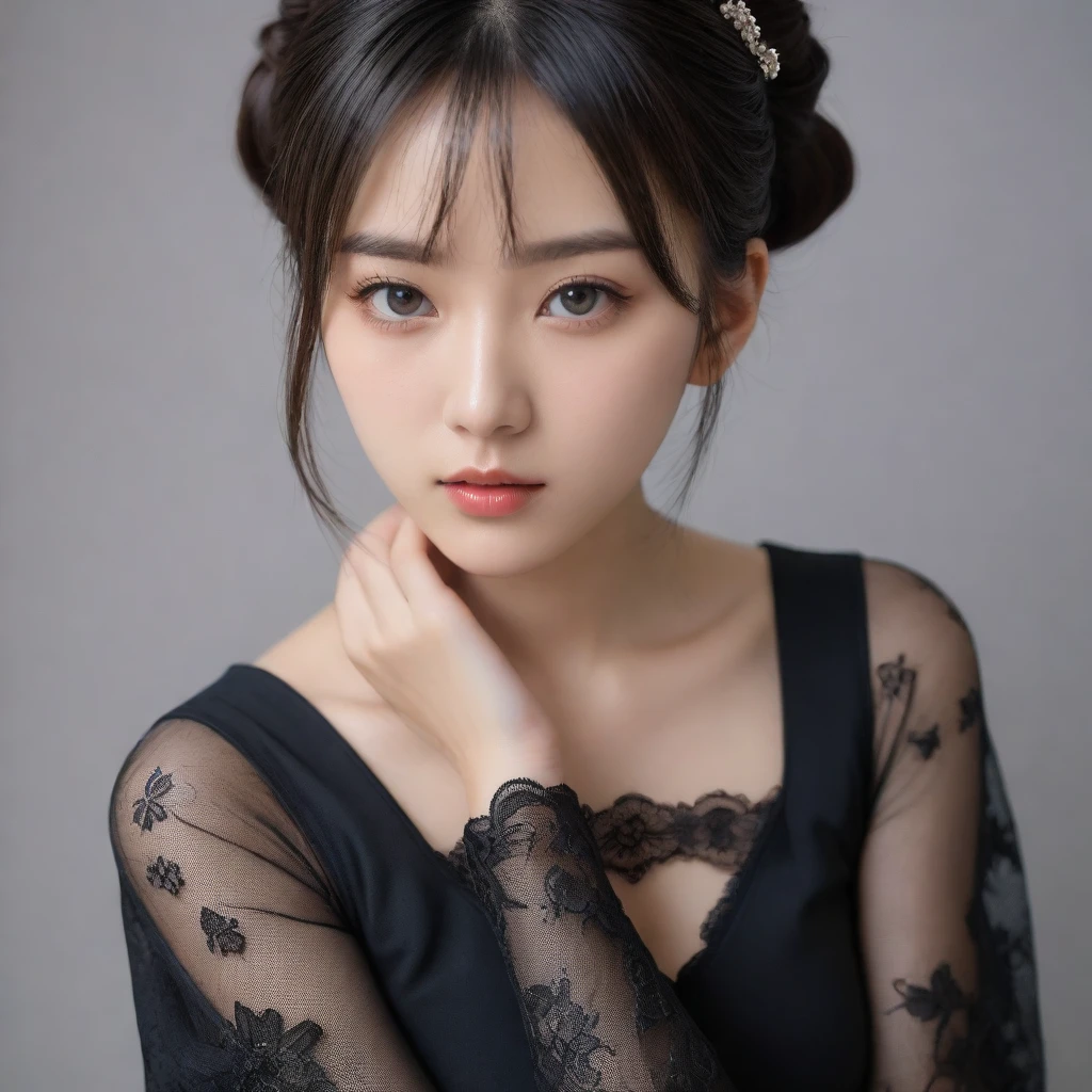 8k, Ultra-high resolution, Highest quality, masterpiece, 三分割法によるphotograph,Surreal, photograph, 1 Girl, (:1.3), pretty girl, Cute Face, Beautiful eyes in every detail, 細かくdetailedに,masterpiece,One Girl:1.2,Japan Female Teachers,extream close up,sad,streaming tears,Black short hair,Messy bun hair,(black suit:1.3),Nun's clothing,(印象派の美しい少女のPortraiture), (Gray background:1.3),(Impressionist light and colour),Gothic Girl , (One-piece suit, Embroidery lace, Sexy Embroidered Mesh Pantyhose Gloves),Realistic Skin, Perfect and beautiful face ,完璧でCute Face, Skin with attention to detail, Perfect limbs、Narrow waist,Looking at the audience,(((Ideal body type))),A cup small breasts :2,Portraiture:2,Perfect Anatomy,鮮明なdetailed,detailed,Surreal,Light and shadow,darkness