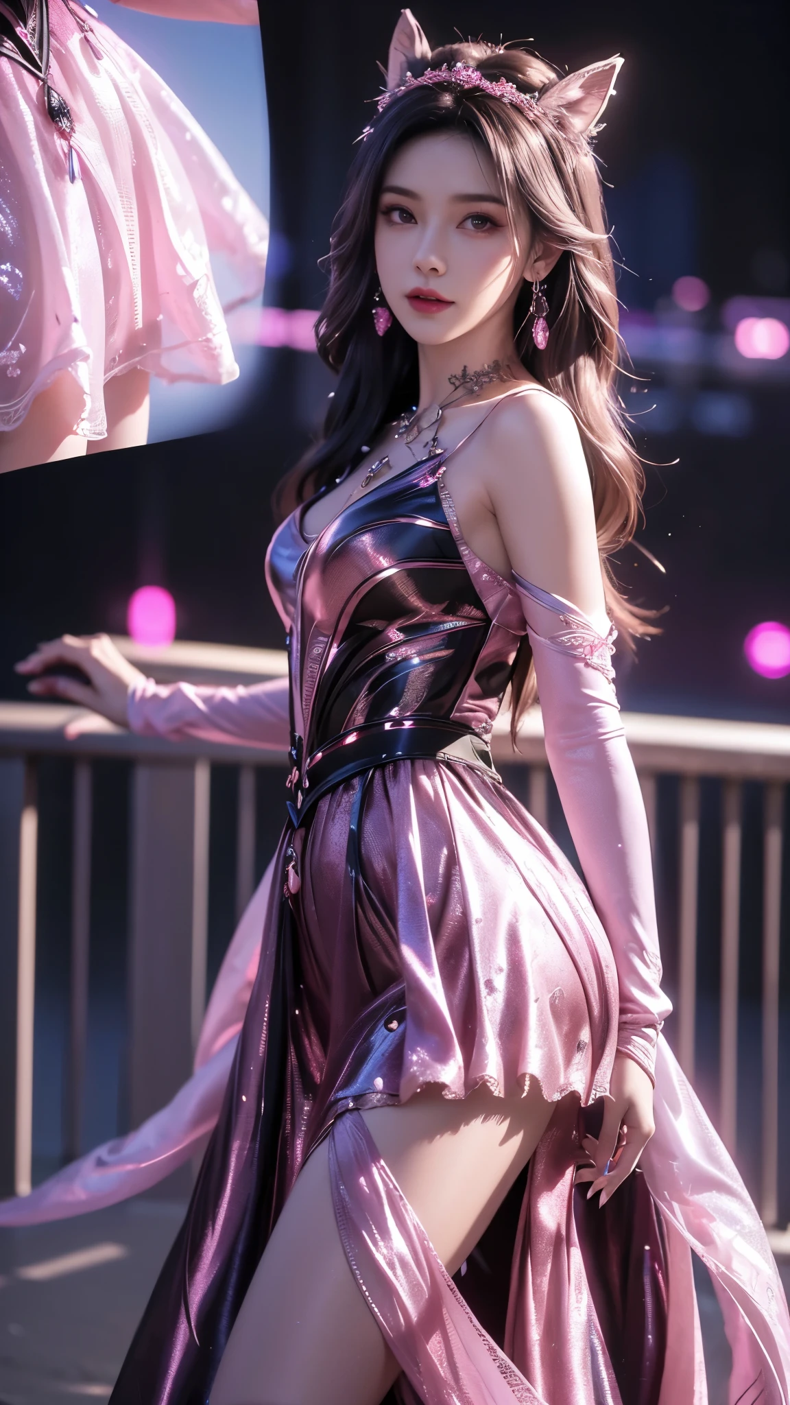 8K, UHD, MAsterpiece, best quality, 1 girl, (realistic face), happy pace, very long hair, small breasts, decorated dress, very beautiful ornaments dress, ((pink and black and blue color)), ((lace)), mesh dress, sardine, loops, legendary night balcony, depth of field, cinematic lighting, chromatic aberration, motion blur, glowing light, god rays, ray tracing, reflection light, backlighting, front short,