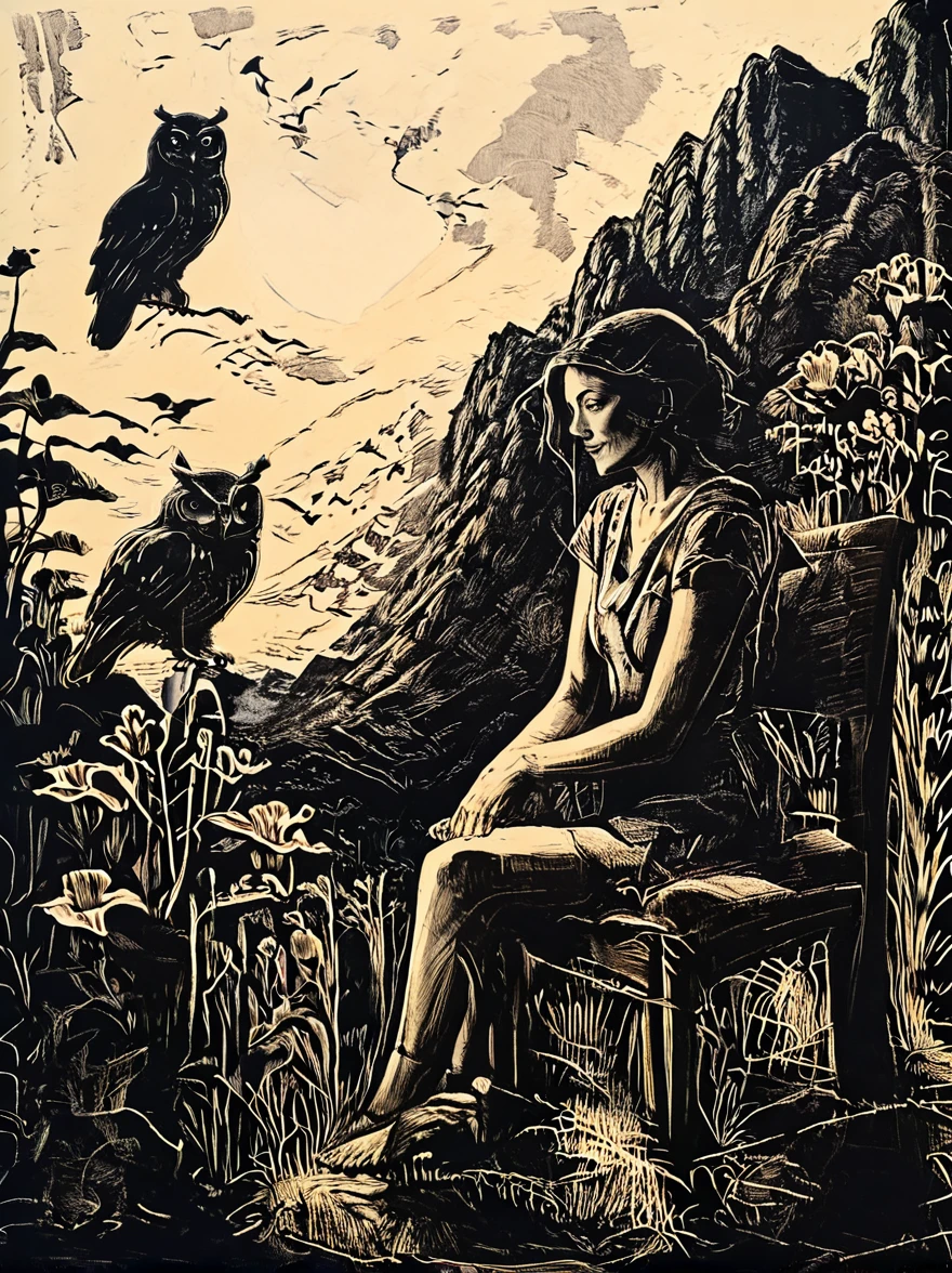 simple forms. A woman sitting on a chair with an owl. modern expressionism, woodcut print of a mountain and many houses, big orchids,and mountain birds small and big,  bold lines, high contrast,