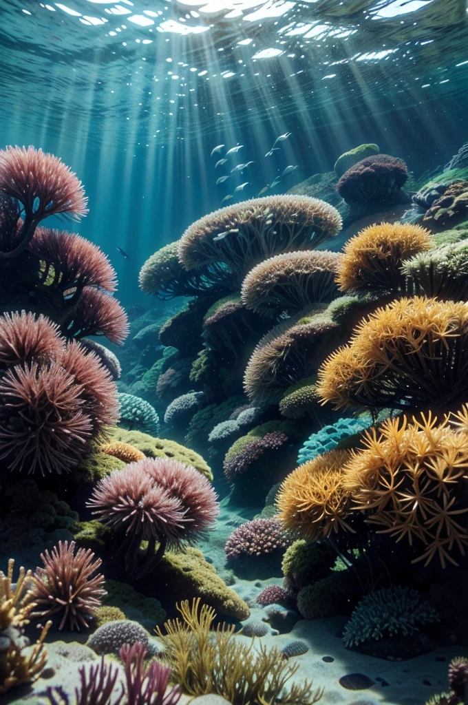 Imagine a vibrant underwater kelp forest. Tall green kelp plants with long, leafy fronds sway gently in the ocean currents. Schools of colorful fish swim among the kelp, finding shelter and food. The water is clear, with beams of sunlight piercing through, illuminating the rich biodiversity. Various marine animals such as sea otters, starfish, and sea urchins are visible, thriving in this lush underwater habitat. The scene is lively, teeming with marine life, showcasing the beauty and importance of kelp forests.