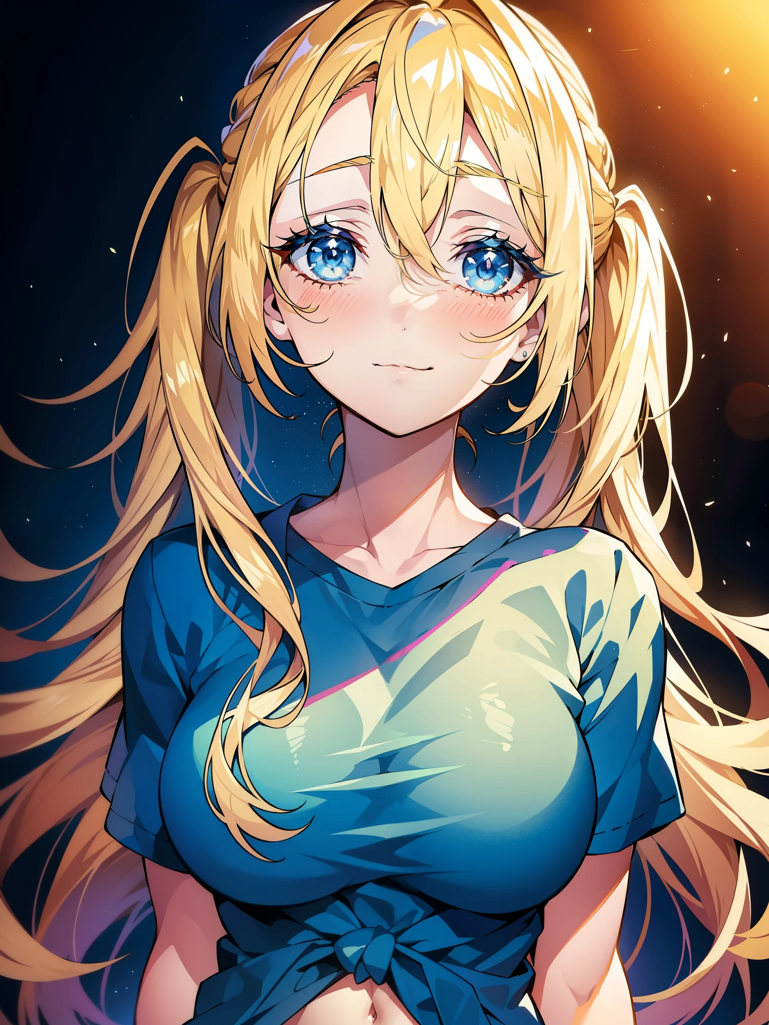 1girl, solo, portrait of a woman with blonde hair, long flowing pigtails, wearing a blue shirt, wearing a t-shirt, shirt tied in a shirt knot, exposed navel, anime illustration, anime girls, vivid colors, detailed facial features, dramatic lighting, digital painting, trending on ArtStation