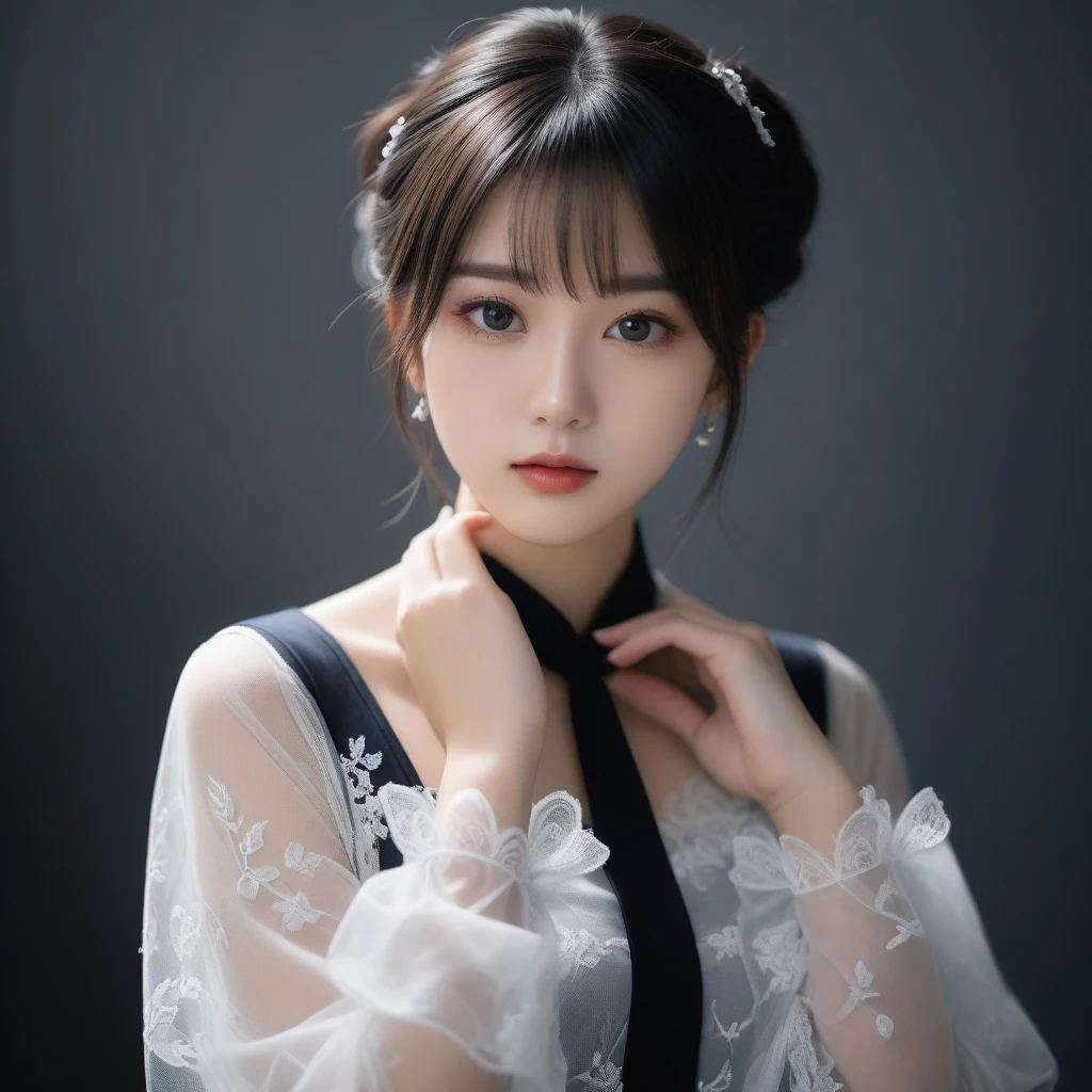 8k, Ultra-high resolution, Highest quality, masterpiece, 三分割法によるphotograph,Surreal, photograph, 1 Girl, (:1.3), pretty girl, Cute Face, Beautiful eyes in every detail, 細かくdetailedに,masterpiece,One Girl:1.2,Japan Female Teachers,extream close up,sad,streaming tears,Black short hair,Messy bun hair,(black suit:1.3),Nun's clothing,(印象派の美しい少女のPortraiture), (Gray background:1.3),(Impressionist light and colour),Gothic Girl , (One-piece suit, Embroidery lace, Sexy Embroidered Mesh Pantyhose Gloves),Realistic Skin, Perfect and beautiful face ,完璧でCute Face, Skin with attention to detail, Perfect limbs、Narrow waist,Looking at the audience,(((Ideal body type))),A cup small breasts :2,Portraiture:2,Perfect Anatomy,鮮明なdetailed,detailed,Surreal,Light and shadow,darkness