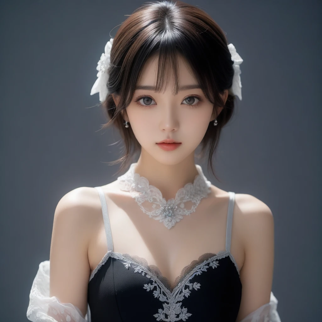 8k, Ultra-high resolution, Highest quality, masterpiece, 三分割法によるphotograph,Surreal, photograph, 1 Girl, (:1.3), pretty girl, Cute Face, Beautiful eyes in every detail, 細かくdetailedに,masterpiece,One Girl:1.2,Japan Female Teachers,extream close up,sad,streaming tears,Black short hair,Messy bun hair,(black suit:1.3),Nun's clothing,(印象派の美しい少女のPortraiture), (Gray background:1.3),(Impressionist light and colour),Gothic Girl , (One-piece suit, Embroidery lace, Sexy Embroidered Mesh Pantyhose Gloves),Realistic Skin, Perfect and beautiful face ,完璧でCute Face, Skin with attention to detail, Perfect limbs、Narrow waist,Looking at the audience,(((Ideal body type))),A cup small breasts :2,Portraiture:2,Perfect Anatomy,鮮明なdetailed,detailed,Surreal,Light and shadow,darkness