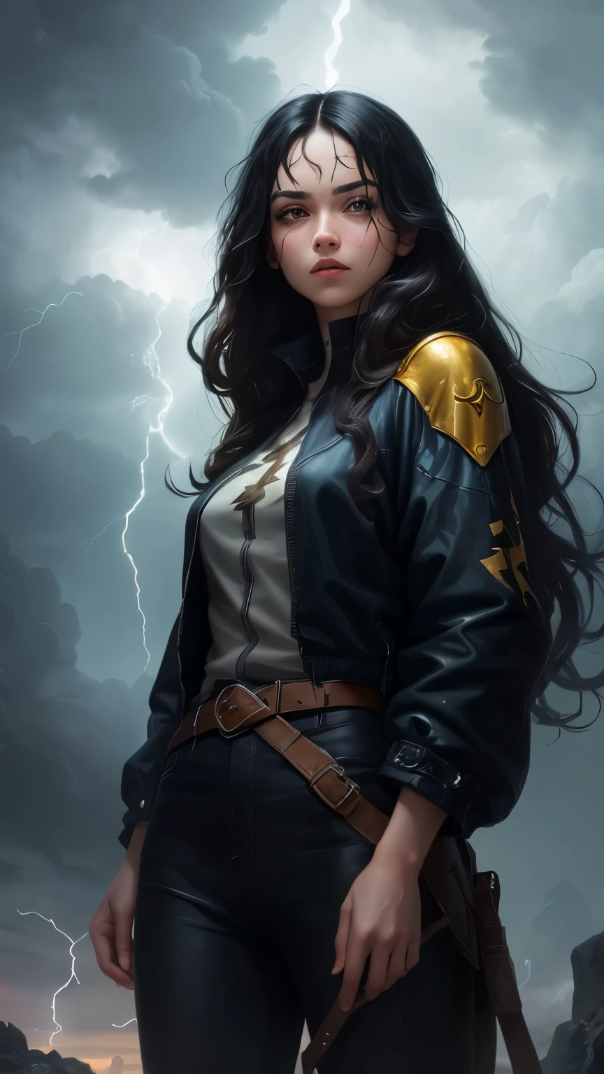 ((best quality)), ((masterpiece)), (detailed), A digital illustration of a long black haired young woman with a lightning bolt scar on her forehead, standing in front of dark storm clouds.