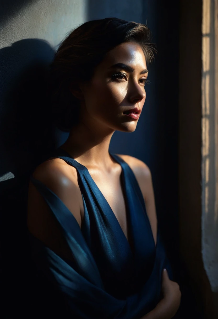 woman bathed in soft light, leaning against a wall, looking into the camera in a moment of raw emotion. Her attire is minimal, accentuating her beauty with the dramatic shadows cast by the lighting. The background is stark, with sharp contrasts highlighting the contours of her form. The blue and black palette intensifies the mood, evoking a sense of mystery and allure. Subtle film grain and meticulous shading add depth and texture, emphasizing the emotional gravity of the scene. The lighting creates a chiaroscuro effect, accentuating her expressive pose and the intense atmosphere.