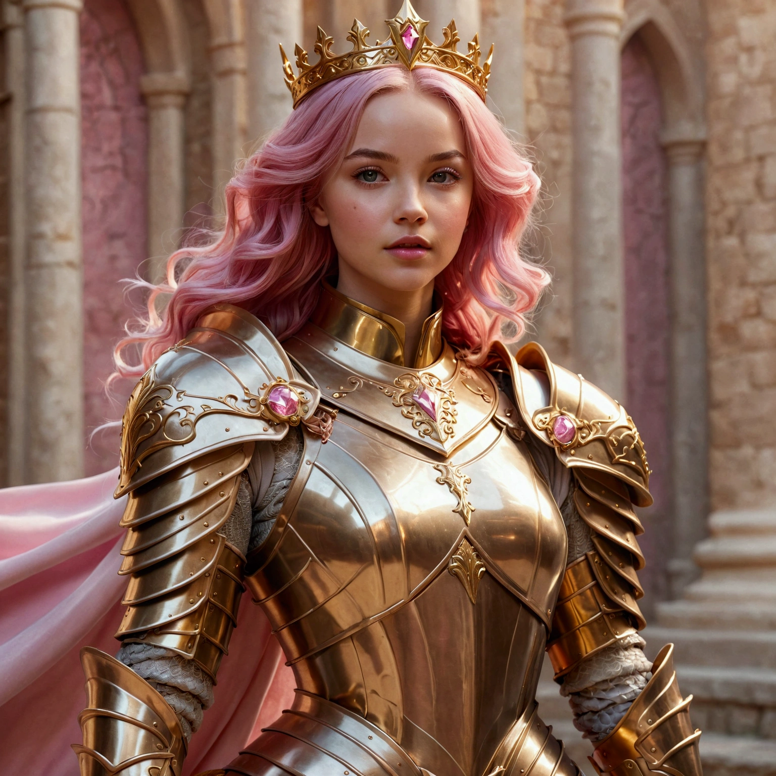 arafed woman in a gold armor and pink hair with a pink cape, girl in knight armor, dove cameron in a knight armor, beautiful female knight, of a beautiful female knight, alluring elf princess knight, 3 d render character art 8 k, a beautiful fantasy empress, dressed in light armor, fantasy style 8 k octane render, portrait knights of zodiac girl