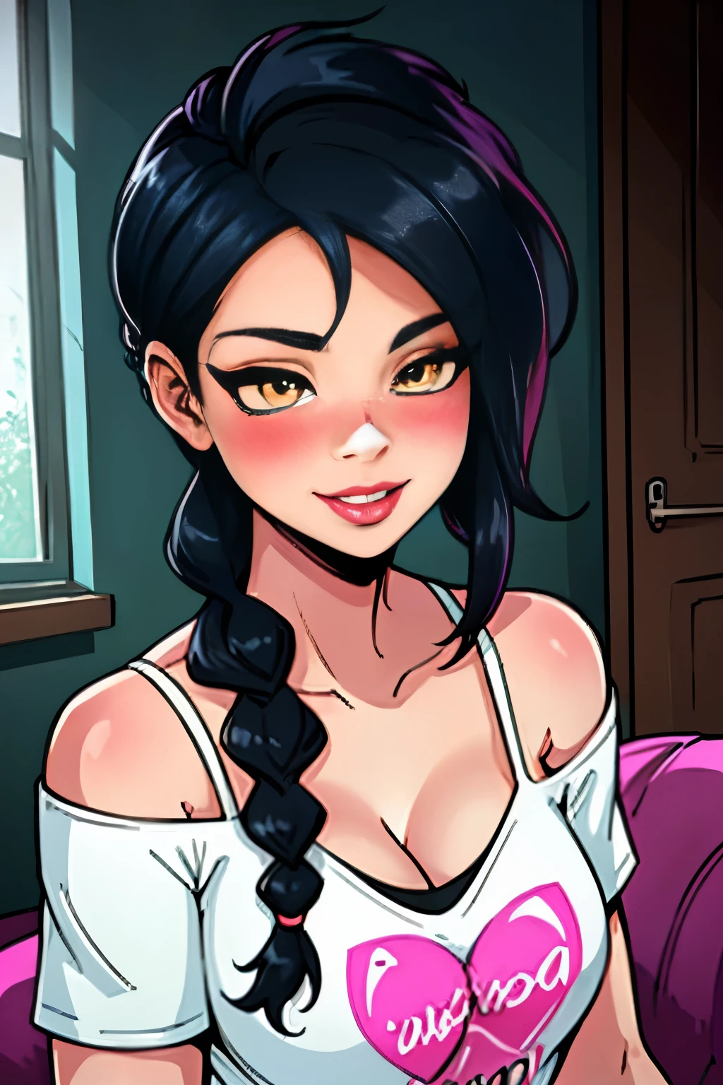 Sexy and cute woman, woman in love, yellow eyes, black hair braided, very seductive and soft eyes, blushing hard, pink lips parted, seductive smile, long neck, collarbone, medium chest, cleavage, off shoulder t shirt, no straps, bare shoulders