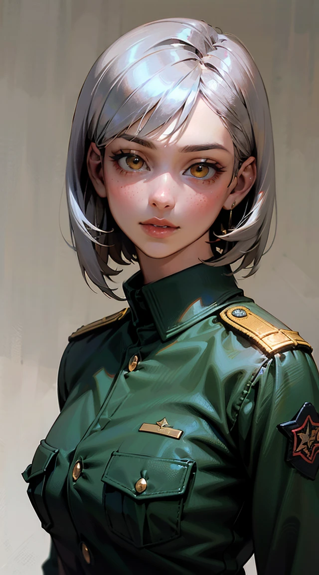 light smile, glowing skin, better quality, illustration, (realistic:1.4) 여성 soldier, female officer, soldier, military uniform, Permed hair, silver hair, Orange eyes, short hair