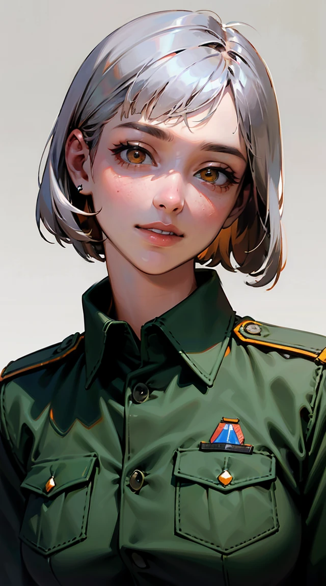 light smile, glowing skin, better quality, illustration, (realistic:1.4) 여성 soldier, female officer, soldier, military uniform, Permed hair, silver hair, Orange eyes, short hair