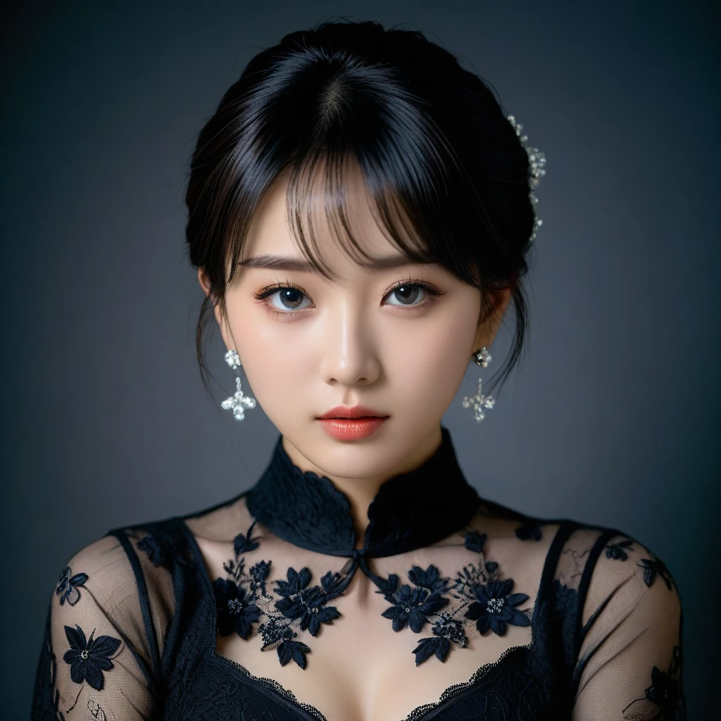 8k, Ultra-high resolution, Highest quality, masterpiece, 三分割法によるphotograph,Surreal, photograph, 1 Girl, (:1.3), pretty girl, Cute Face, Beautiful eyes in every detail, 細かくdetailedに,masterpiece,One Girl:1.2,Japan Female Teachers,extream close up,sad,streaming tears,Black short hair,Messy bun hair,(black suit:1.3),Nun's clothing,(印象派の美しい少女のPortraiture), (Gray background:1.3),(Impressionist light and colour),Gothic Girl , (One-piece suit, Embroidery lace, Sexy Embroidered Mesh Pantyhose Gloves),Realistic Skin, Perfect and beautiful face ,完璧でCute Face, Skin with attention to detail, Perfect limbs、Narrow waist,Looking at the audience,(((Ideal body type))),A cup small breasts :2,Portraiture:2,Perfect Anatomy,鮮明なdetailed,detailed,Surreal,Light and shadow,darkness