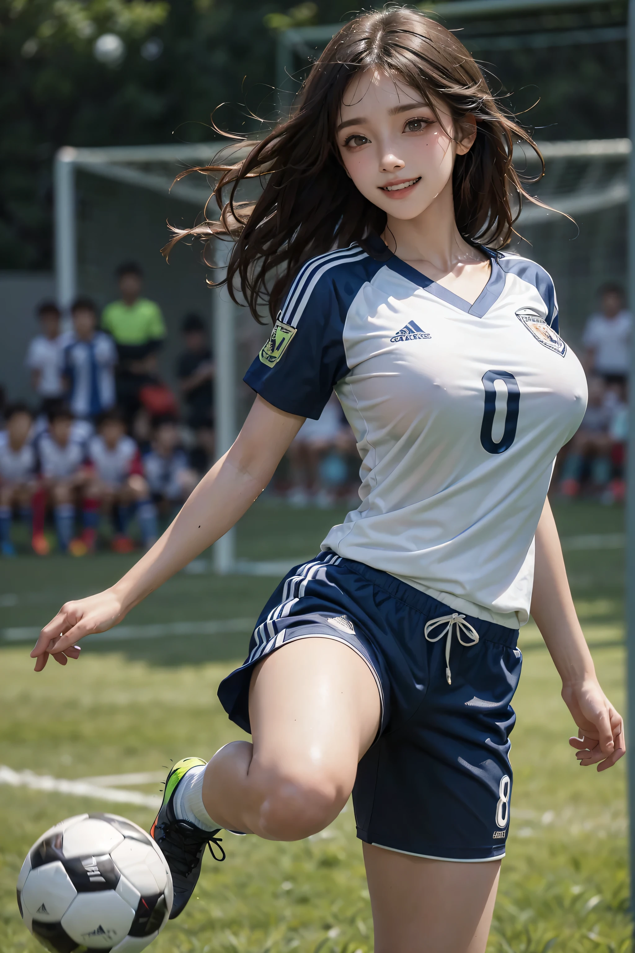 soccer player,((At the soccer field ,Kick the ball with super technique:1.4)),(( large breasts:1.5)),((Nipple hardening:1.3)),((impossible sweater:1.05)),Beautiful detailed hair,((Beautiful eyelashes)), Beautifully detailed face, Beautiful fine details, Beautiful clavicle, Beautiful body, thin脚,Beautiful breasts, Beautiful feet,Cleavage,Pointed Chest, thin, 21 years old, Perfect Face, Long eyelashes,Perfect Anatomy, Supermodel with a long neck,((Skinny1.3)),looking at the camera,(Perfect Anatomy,Anatomically correct, Very detailed肌), Shiny skin,((beautiful girl:1.1)),(Mid-length hair:1.4, Wavy Hair:1.2, Black Hair) ,hair over one eye,Dainty facial structure,((masterpiece)), (Highest quality), (Highest quality), ((Very detailed, 8K quality)), aesthetics, Cinema Lighting, Spotlight, (Detailed line drawing), Absurd, (Best Original Score), (High resolution), (Depth of written boundary:1.2), break, Beautiful soccer captain portrait ((Fairy girl)), Detailed skin and lips, Sweat, whole body, ((play soccer:1.3)), ((dribble))soccer ball, of his feet, ((Wearing a soccer uniform, Shorts:1.2)), Logo Print Blue Soccer Jersey, Use a ((Captain&#39;s Armband)) On the right, ((My heart is pounding:1.3)), ((running)), Atmospheric perspective, A dramatic, cinematic atmosphere, break, Football Stadium, ((Green Field)), audience, audience, break, Very detailed (Fairy), (One girl), alone, Perfect Face, Details, Ahoge, [[Floating Hair]], Shining Eyes, (Beautiful fine eyelashes, eye shadow, pink eye shadow), ((A happy smile:1.4)), Concept Art：Haruhiko Mikimoto, by Kawashi, By Yoshitaka Amano, break, ((Perfect Anatomy)), (Perfect body), Abdominal muscles, Perfect hands, Perfect Face, Beautiful Face, Beautiful Eyes, Perfect Eyes, (Perfect Fingers, Detailed fingers), Correct Anatomy, Perfect Legs, skinny, Perfect ball, detailed balls, ((Dynamic composition)),((ultra wide angle shot:1.3)),((whole bodyっぽい)),((Spread legs:1.3)),((wide shot)),