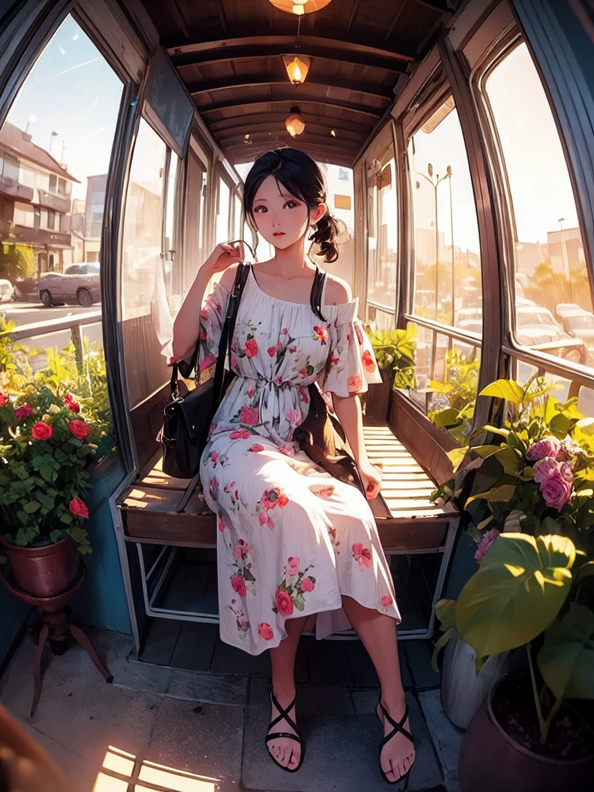 (Cowboy Shot), fisheye, girl, alone, Fashion Model, Bohemian fashion, Female Model, Floral Dress, Fringe Bag, Sandals, In nature, Natural body, Serene atmosphere, Twilight Light
、City Vibrancy. The generated image is、Attracting attention in fashion magazines and on social media、