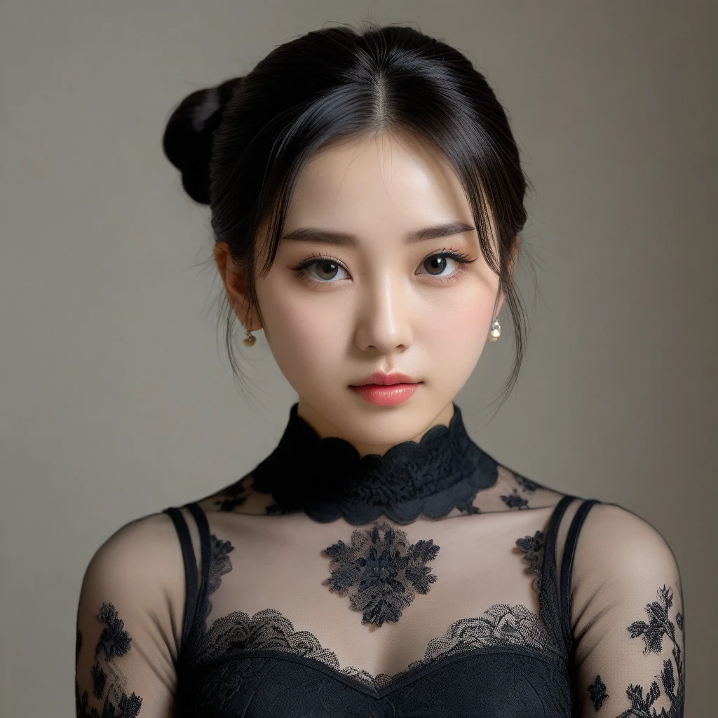 8k, Ultra-high resolution, Highest quality, masterpiece, 三分割法によるphotograph,Surreal, photograph, 1 Girl, (:1.3), pretty girl, Cute Face, Beautiful eyes in every detail, 細かくdetailedに,masterpiece,One Girl:1.2,Japan Female Teachers,extream close up,sad,streaming tears,Black short hair,Messy bun hair,(black suit:1.3),Nun's clothing,(印象派の美しい少女のPortraiture), (Gray background:1.3),(Impressionist light and colour),Gothic Girl , (One-piece suit, Embroidery lace, Sexy Embroidered Mesh Pantyhose Gloves),Realistic Skin, Perfect and beautiful face ,完璧でCute Face, Skin with attention to detail, Perfect limbs、Narrow waist,Looking at the audience,(((Ideal body type))),A cup small breasts :2,Portraiture:2,Perfect Anatomy,鮮明なdetailed,detailed,Surreal,Light and shadow,darkness