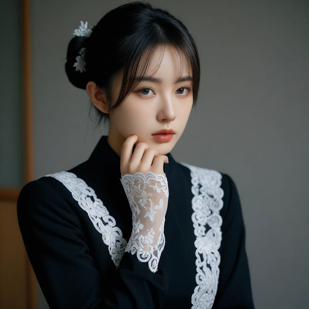 8k, Ultra-high resolution, Highest quality, masterpiece, 三分割法によるphotograph,Surreal, photograph, 1 Girl, (:1.3), pretty girl, Cute Face, Beautiful eyes in every detail, 細かくdetailedに,masterpiece,One Girl:1.2,Japan Female Teachers,extream close up,sad,streaming tears,Black short hair,Messy bun hair,(black suit:1.3),Nun's clothing,(印象派の美しい少女のPortraiture), (Gray background:1.3),(Impressionist light and colour),Gothic Girl , (One-piece suit, Embroidery lace, Sexy Embroidered Mesh Pantyhose Gloves),Realistic Skin, Perfect and beautiful face ,完璧でCute Face, Skin with attention to detail, Perfect limbs、Narrow waist,Looking at the audience,(((Ideal body type))),A cup small breasts :2,Portraiture:2,Perfect Anatomy,鮮明なdetailed,detailed,Surreal,Light and shadow,darkness