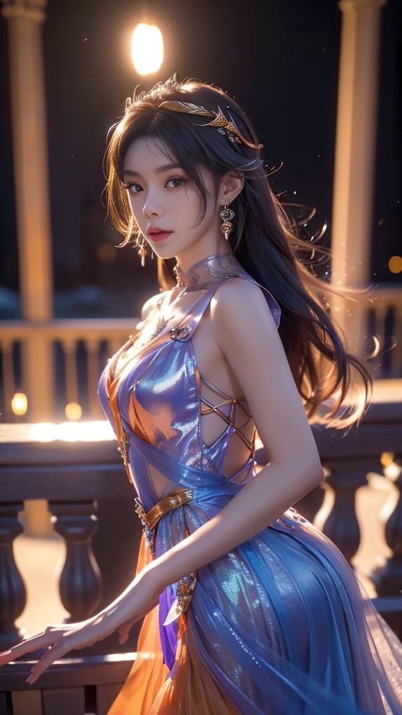 8K, UHD, MAsterpiece, best quality, 1 girl, (realistic face), happy pace, very long hair, small breasts, decorated dress, very beautiful ornaments dress, ((orange and blue color)), ((lace)), mesh dress, sardine, loops, legendary night balcony, depth of field, cinematic lighting, chromatic aberration, motion blur, glowing light, god rays, ray tracing, reflection light, backlighting, front short,