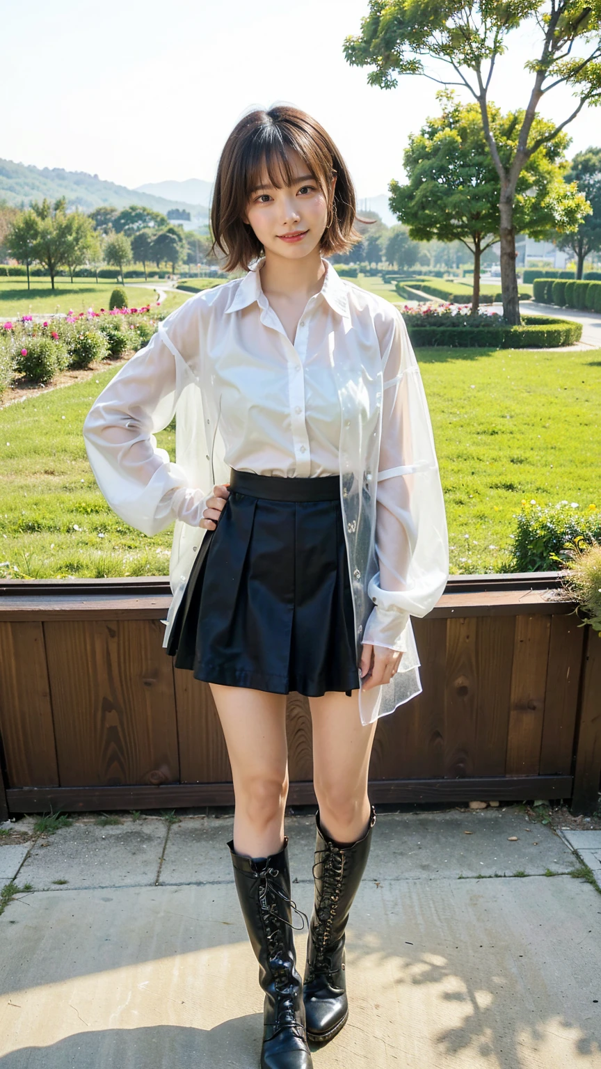 (8k、RAW Photos、Highest quality、masterpiece:1.2)、(Realistic、Realistic)、1 Girl、((mini skirt、Medium Hair、smile、Jacket、whole body、See-through、shirt、black、boots、garden、View from the front、Looking at the camera、Hands on your hips))、cute
