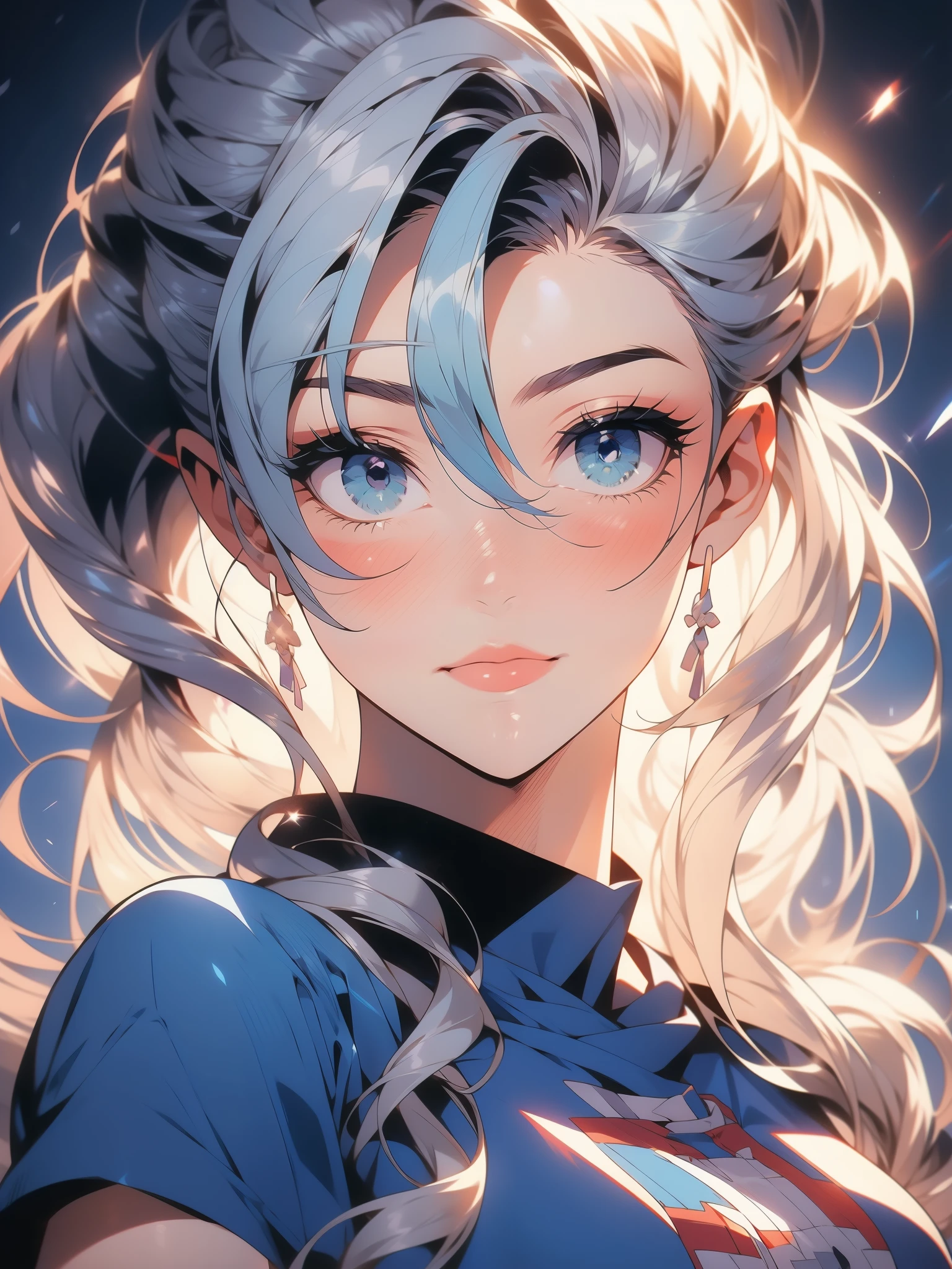 1girl, solo, portrait of a woman with blonde hair, long flowing pigtails, wearing a blue shirt, wearing a t-shirt, shirt tied in a shirt knot, exposed navel, anime illustration, anime girls, vivid colors, detailed facial features, dramatic lighting, digital painting, trending on ArtStation