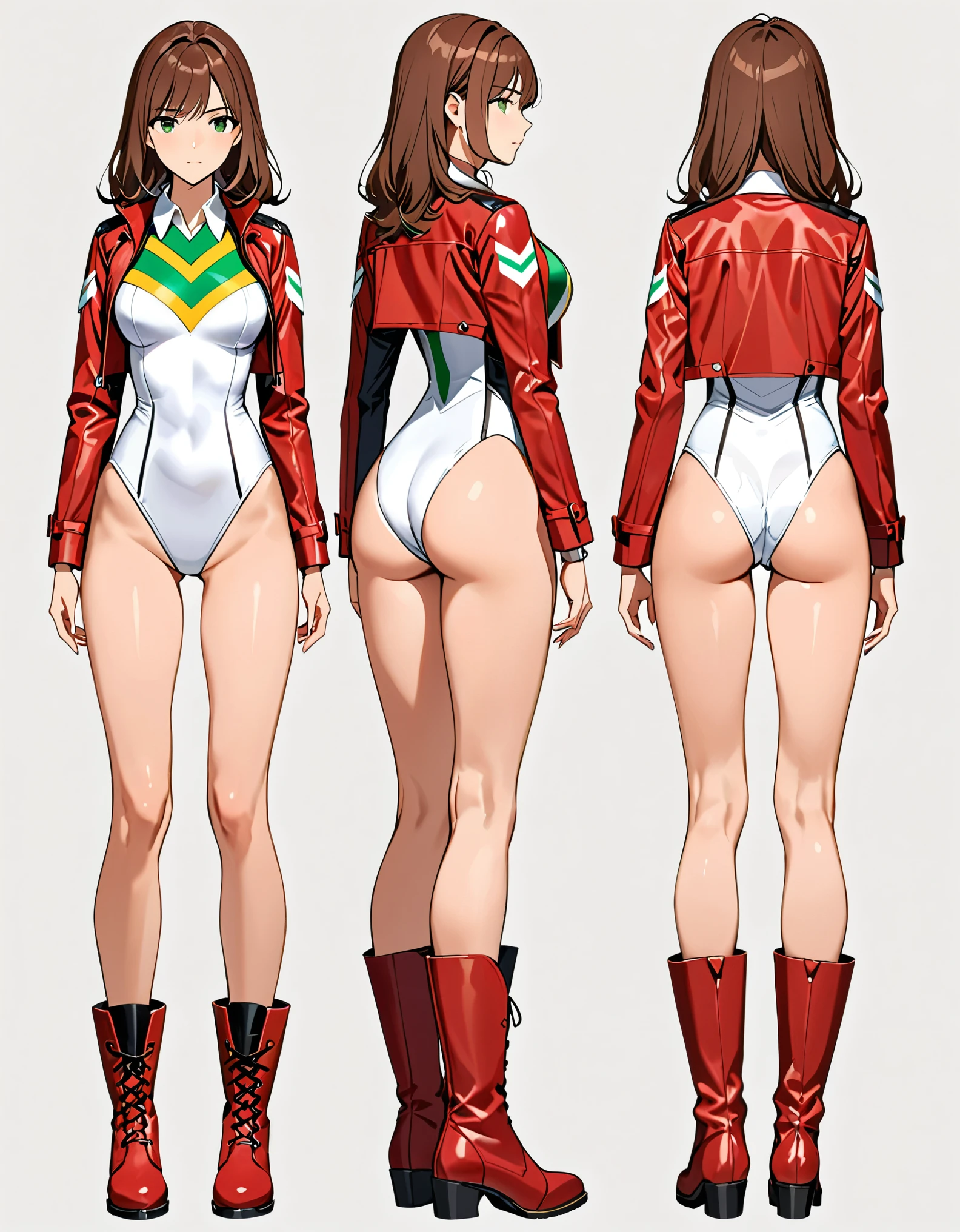 (masterpiece), (best quality), (high res), 1lady, tall body, beautiful detailed eyes, beautiful detailed face, serious, perfect hands, complete fingers, perfect anatomy, perfect proportions, ((brown hair, medium hair, hair down)), ((green eyes)), ((leotard, white leotard, matching leotard)), ((white dress collar, open collar)), ((bare legs)), ((boots, matching boots, ankle-high boots, red boots)), breasts, medium breasts, looking at viewer, (solo, solo focus), standing, (((yellow upside-down chevron) (symbol) on chest)), ((red leather jacket, open jacket)), full body costume design. Simple background, Multiple Views, Character Sheet Full-Length.
