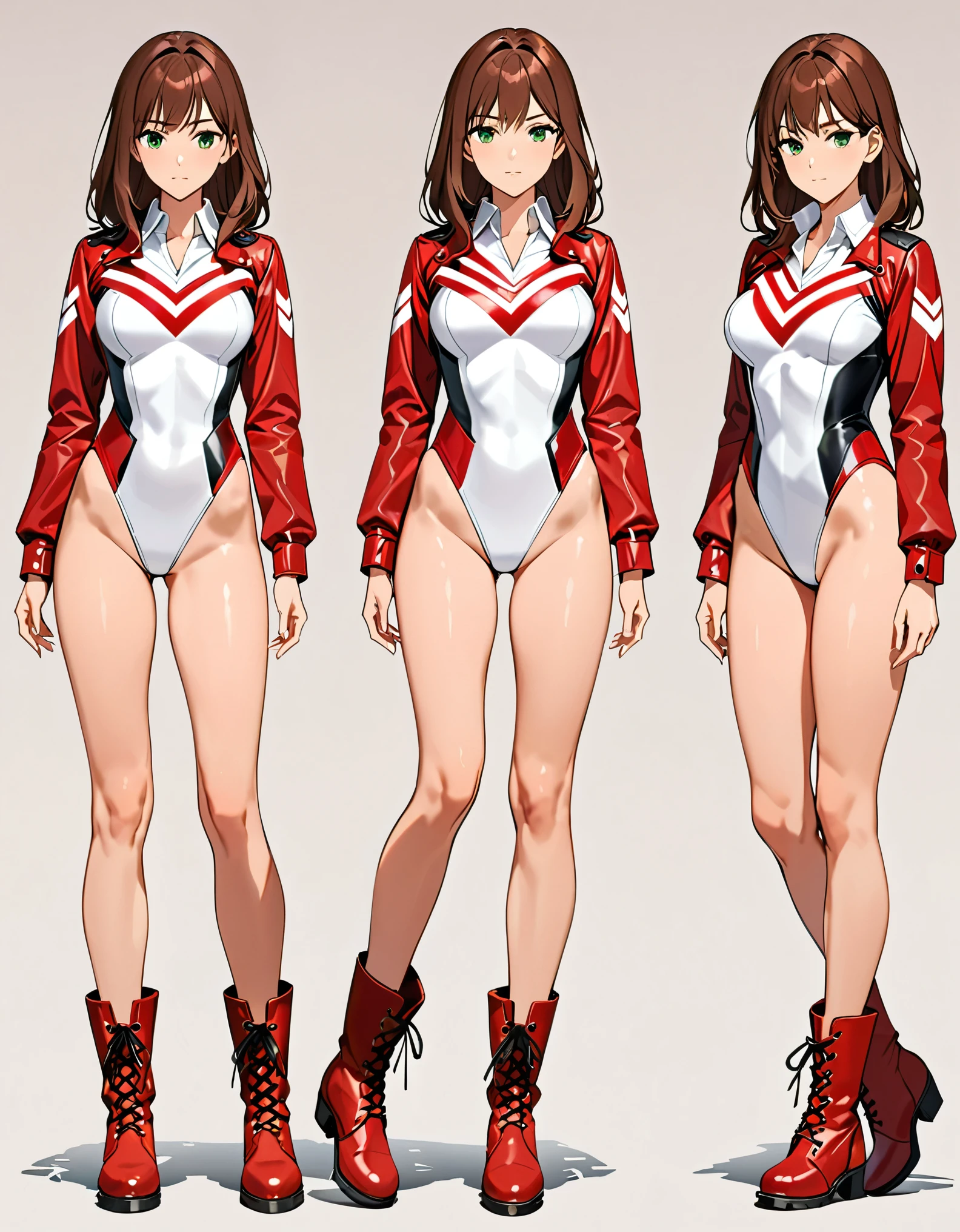 (masterpiece), (best quality), (high res), 1lady, tall body, beautiful detailed eyes, beautiful detailed face, serious, perfect hands, complete fingers, perfect anatomy, perfect proportions, ((brown hair, medium hair, hair down)), ((green eyes)), ((leotard, white leotard, matching leotard)), ((white dress collar, open collar)), ((bare legs)), ((boots, matching boots, ankle-high boots, red boots)), breasts, medium breasts, looking at viewer, (solo, solo focus), standing, (((yellow upside-down chevron) (symbol) on chest)), ((red leather jacket, open jacket)), full body costume design. Simple background, Multiple Views, Character Sheet Full-Length.