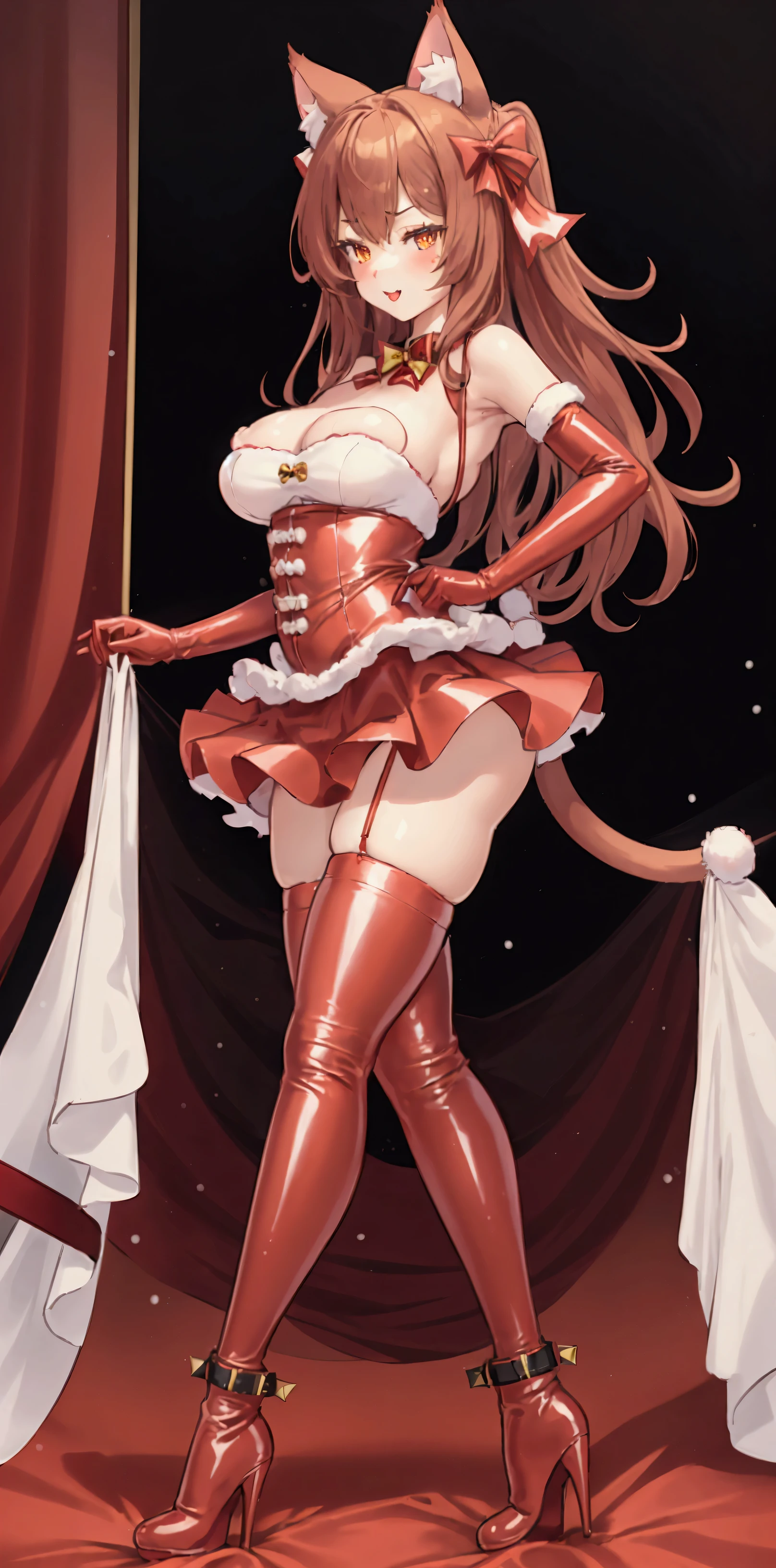 1 girl, dakimakura, standing up, Felix Argyle face, sexy Santa girl, latex Christmas top, red and white clothes, latex Christmas skirt, red gloves cat girl, light brown long hair, brown cat ears, brown cat tail, red high heel boots, Best quality, masterpiece, red lipstick, detailed brown eyes, full body displayed,