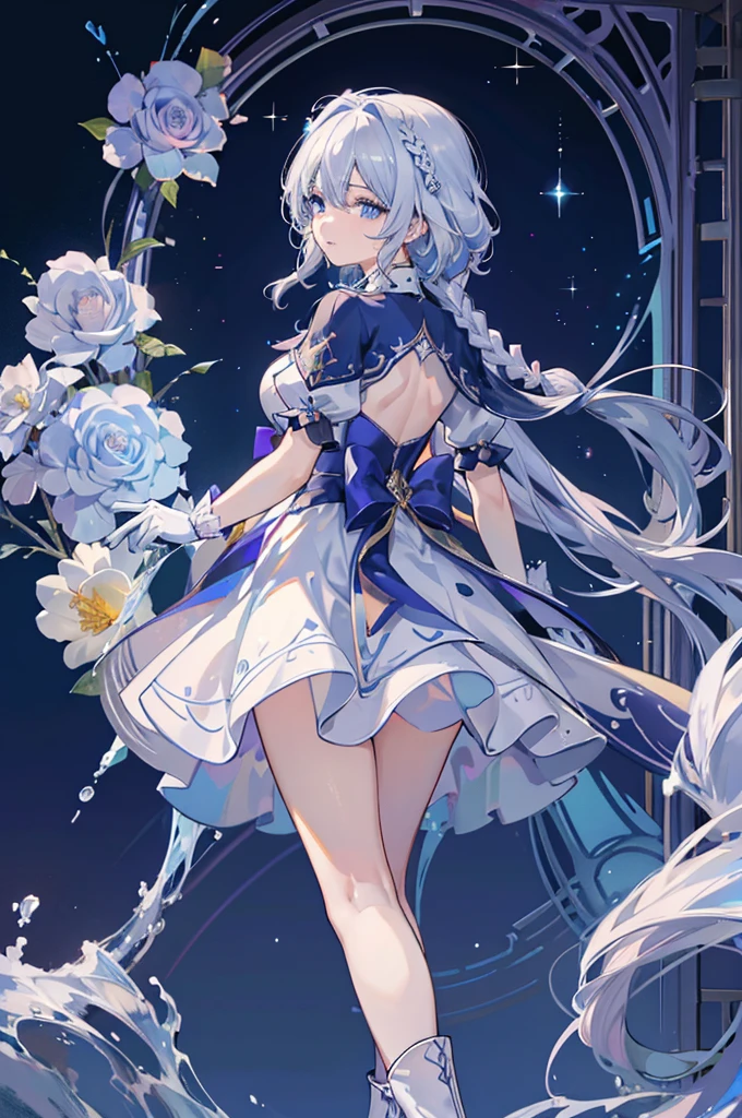 A woman with white hair and blue eyes、adult、Long, fluffy wavy hair、Braiding、Wearing hair ornaments、Smiling、Elegant and ladylike、Elegant、Princess、White gloves、Wearing a cape、White and blue dress、Wave pattern、Decorations such as roses and drops、The dress is short in the front and long in the back、Garter Ring、short boots、water、Fantasy