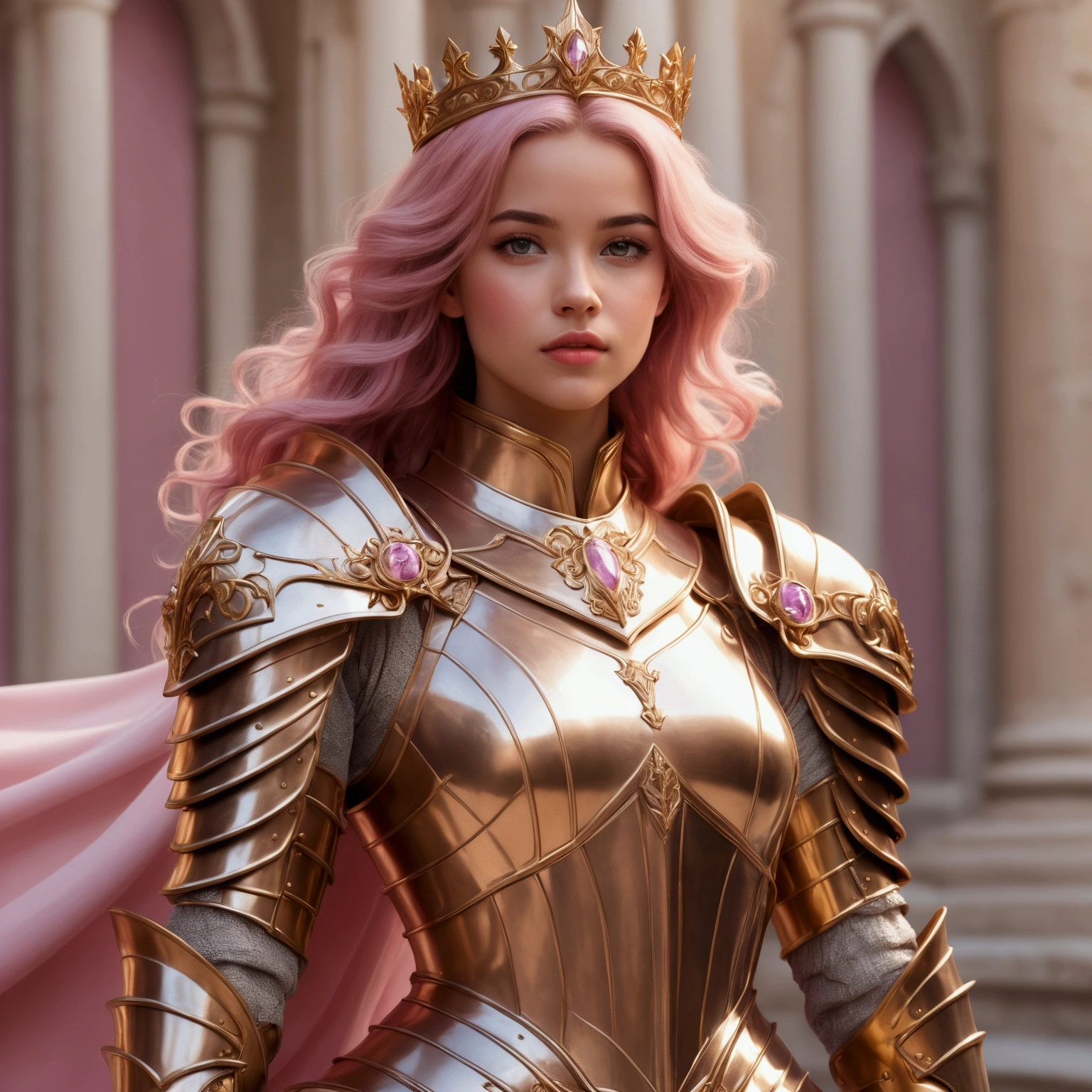 arafed woman in a gold armor and pink hair with a pink cape, girl in knight armor, dove cameron in a knight armor, beautiful female knight, of a beautiful female knight, alluring elf princess knight, 3 d render character art 8 k, a beautiful fantasy empress, dressed in light armor, fantasy style 8 k octane render, portrait knights of zodiac girl