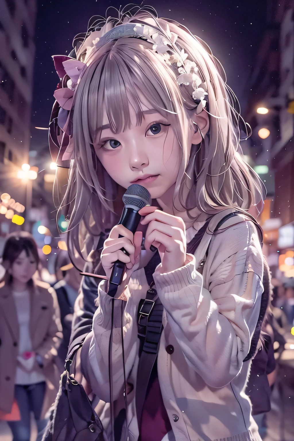 A fragile singer-songwriter singing in the city at night,Tsurime,Detailed face，