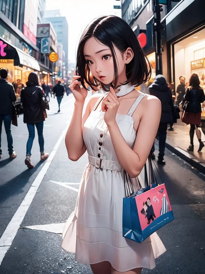 (Cowboy Shot), fisheye, girl, alone, Female Model,Female fashion model with a busy street in the background、Wearing a glamorous dress、Have a shopping bag、City Vibrancy. The generated image is、Attracting attention in fashion magazines and on social media、