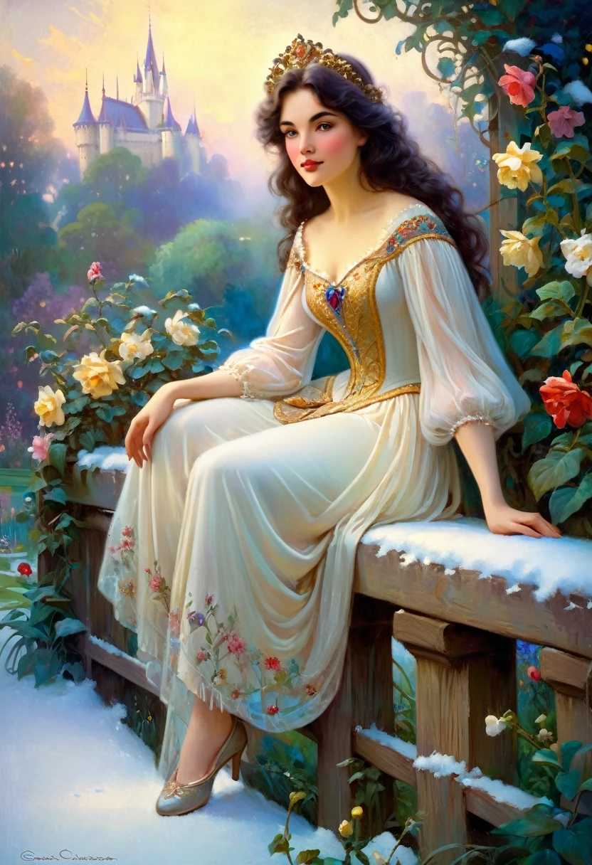 painting of a woman sitting on a fence in a garden, inspired by Gaston Bussière, inspired by Théodore Chassériau, lovely languid princess, beautiful maiden, fantasy genre portrait, inspired by James C. Christensen, tomas kinkade, beautiful fantasy maiden, portrait of princess, fairytale painting, princess portrait, portrait of snow white