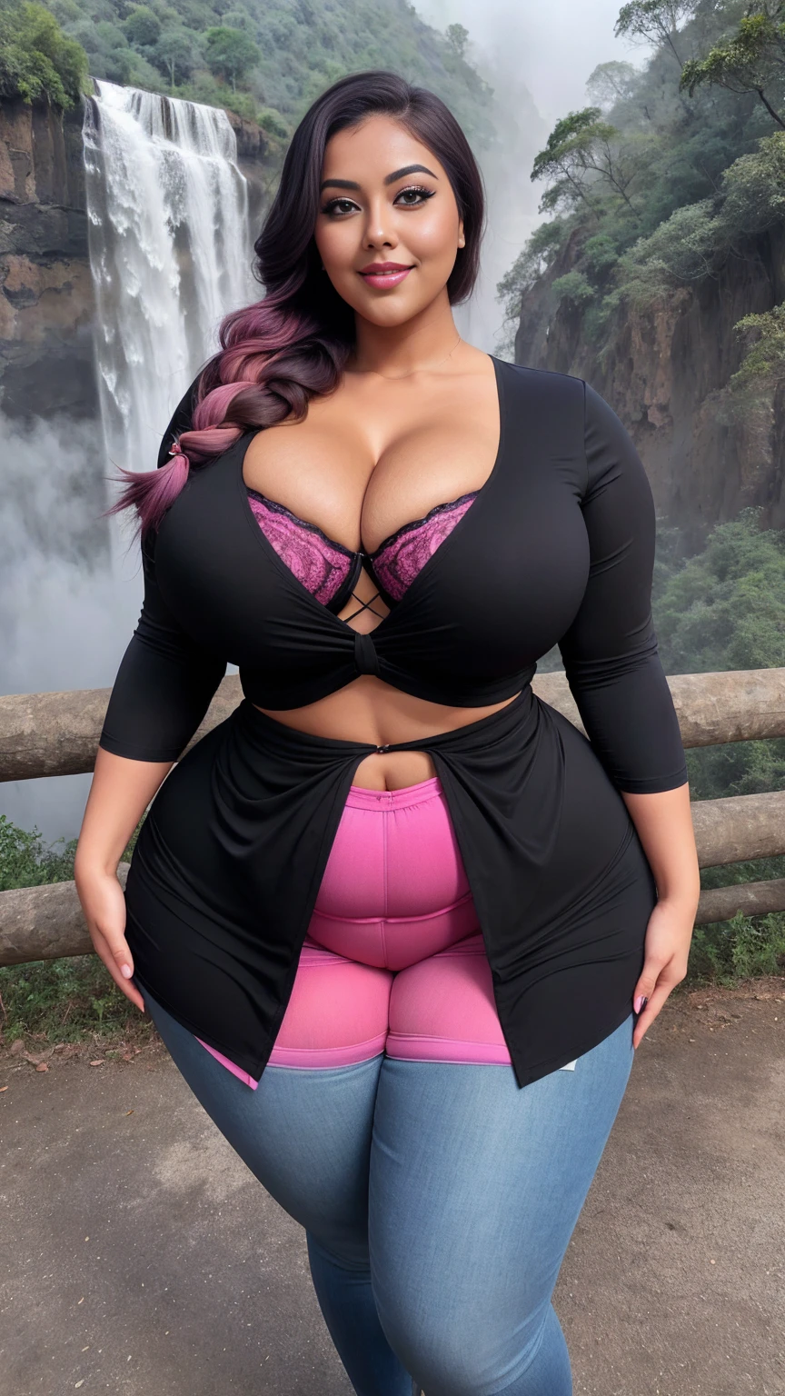 gorgeous curvy plus size Indian bengali actress ritavori , glowing eyes, wearing EMERY ROSE Abstract Graphic V-Neck Women's 3/4 Sleeve Summer Shirt Blouse , covered Bust, parted lips, blushing cheeks, thick thighs, bigger waist, busty, curvy plus size body, full body, full body shot, head to toe view, smoothning burgendy color hair with pfrench braid hairstyle, hourglass body, curvy plus size body, smile face, bigger waist, busty, big hips, fleshy thighs, thick thighs, busty, full body view, Victoria Falls, Zambia/Zimbabwe: Majestic waterfall with misty rainbows.