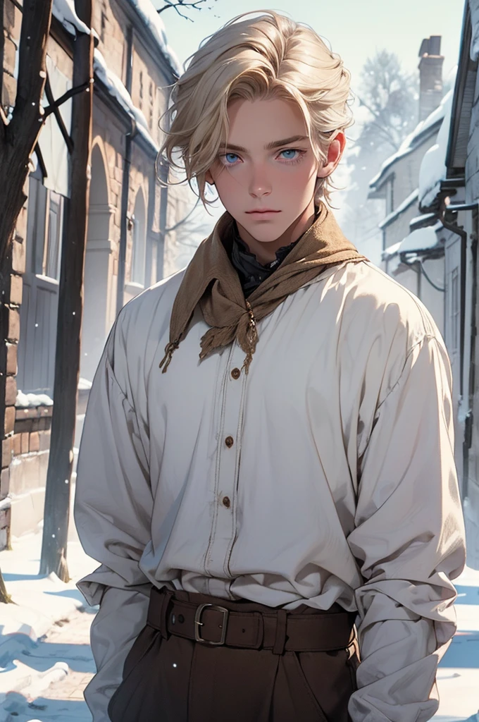 Young blond boy, medium-length hair, long eyelashes, blue eyes, 1800s clothing, worn white shirt, worn brown pants, braces, damaged clothing, disheveled hair, gloomy manor house, dark, winter, red hood, snow, outside, dead tree, dirty, cold, misty, detailed face, light eyes, medieval clothing.