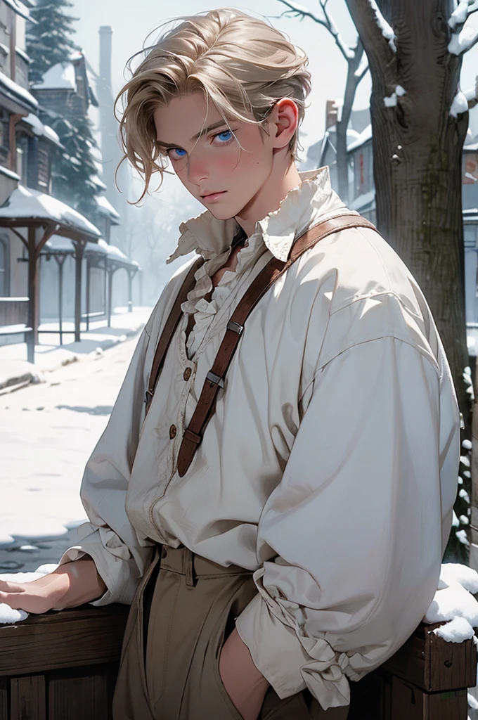 Young blond boy, medium-length hair, long eyelashes, blue eyes, 1800s clothing, worn white shirt, worn brown pants, braces, damaged clothing, disheveled hair, gloomy manor house, dark, winter, red hood, snow, outside, dead tree, dirty, cold, misty, detailed face, light eyes, medieval clothing.