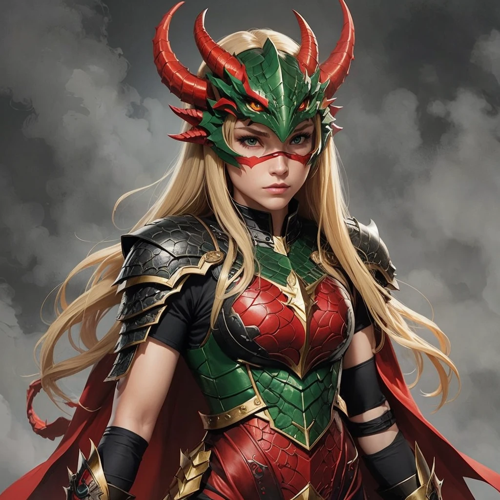 long, straight, with blonde hair, with bangs, serious, with green eyes,a superhero girl with a red-black dragon dress, with a dragon head look mask on the top of her head, with a dragon armor-covered dress Dragon's head mask blocks up to half the face the dragon head mask falls to the forehead of the nose.Dragon head mask on the ground from forehead to nose