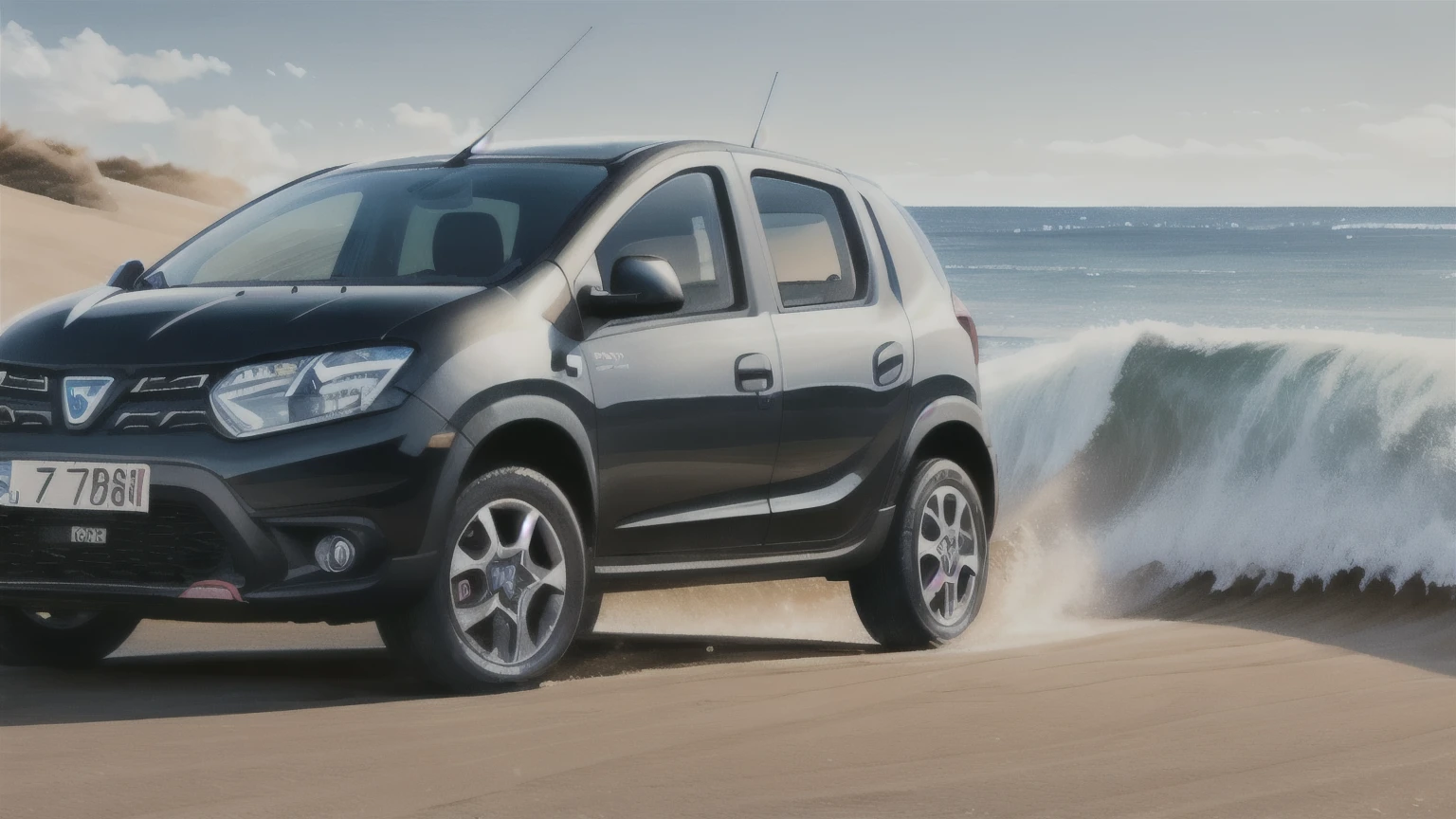 a black dacia sandero stepway driving through the surf