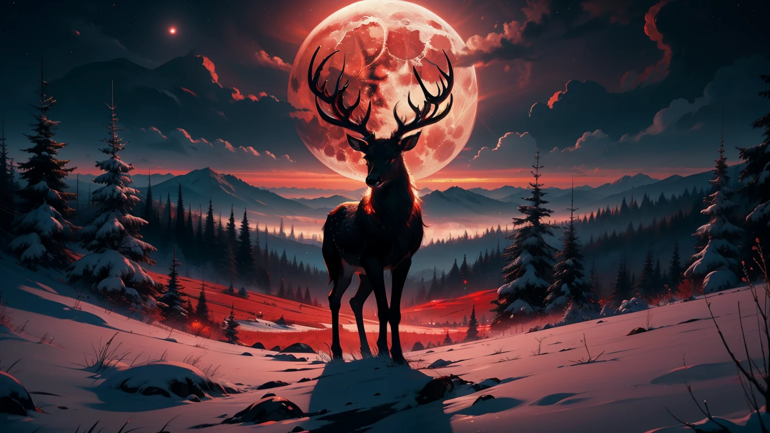 ((best quality)), ((masterpiece)), (detailed), full moon, red theme, redmoon, mountains and a big city, with many shiny skyscrapers inside a mountain valley in the center, highly detailed, eyeless, skeleton headed, red demon deer on mountaintop on the right edge of the picture, looking down onto the city, emitting neon purple light, ray tracing, looking over the shoulder of the deer downwards to the city, the deer is seen from behind, UHD, red clouds, red rain drops fall down from the sky