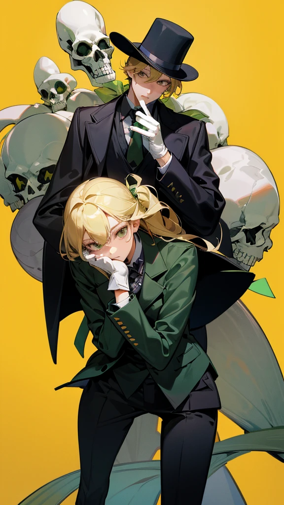 Adult Woman and Man, Tall, thin, bowler hat, green ribbon on the hat, blonde hair, gray eyes, black jacket, black pants, shoes, colorful patterns on the hat and jacket, black shirt, green tie, hands on the face, white gloves, skull emblem on the jacket, closes The face is with the eyes, but the eyes are visible, best quality, beautiful image, yellow background, autograph portrait, Only the face is visible, A little white chameleon on his shoulder