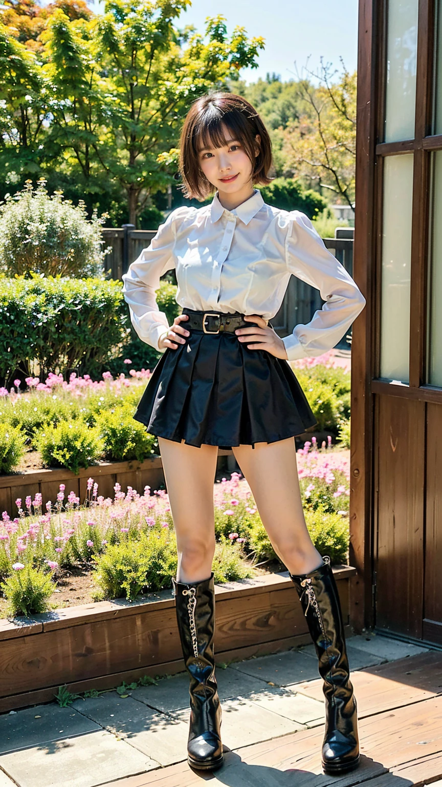 (8k、RAW Photos、Highest quality、masterpiece:1.2)、(Realistic、Realistic)、1 Girl、((mini skirt、Medium Hair、smile、whole body、See-through、shirt、black、boots、garden、View from the front、Looking at the camera、Hands on your hips))、cute