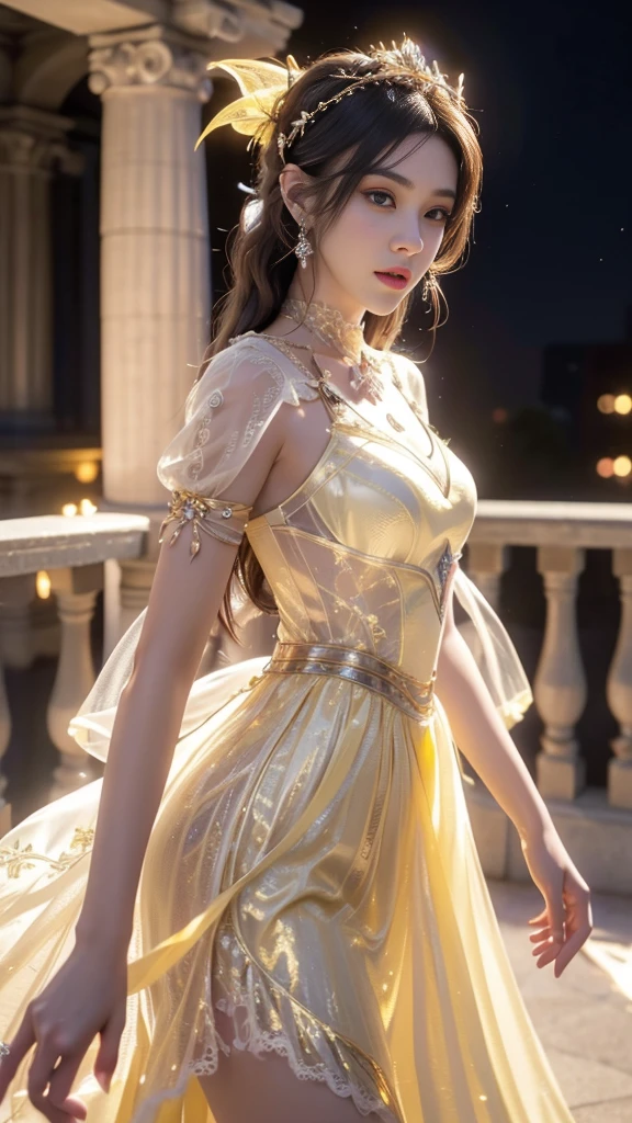 8K, UHD, MAsterpiece, best quality, 1 girl, (realistic face), happy pace, very long hair, small breasts, decorated dress, very beautiful ornaments dress, ((yellow and white color)), ((lace)), mesh dress, sardine, loops, legendary night balcony, depth of field, cinematic lighting, chromatic aberration, motion blur, glowing light, god rays, ray tracing, reflection light, backlighting, front short,