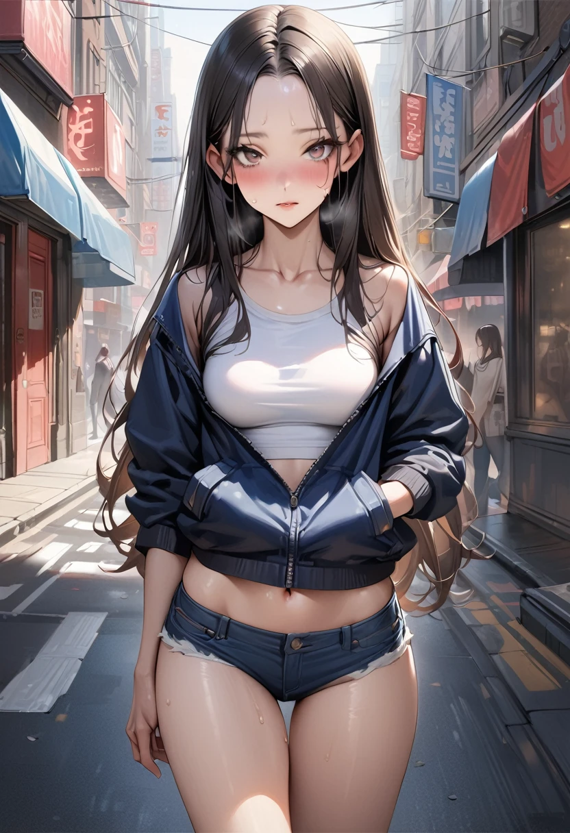 (((masterpiece,Highest quality:1.3,best quality illustration))),(realistic:1.2),cowboy shot,独奏,1woman,(20 year old beauty),((very small head:1.2)),black hair,long hair,forehead,center parted bangs,black eyes,gorgeous big eyes,blush,((very long body,skinny)),(Navy blue baseball jacket),medium breasts,gleaming skin,toned body,slender body,skinny,denim micro shorts,navel、Wearing a white tube top shirt and a blouson,sweat,on street,New York City、