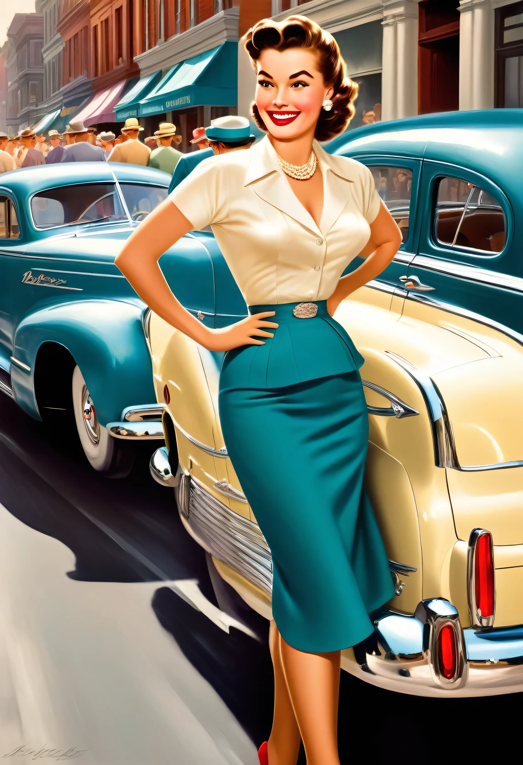 In a lively 1950s street scene, a stunning woman is crossing the street, (((wearing a knee-length skirt))) that accentuates your curves, and a tight blouse that highlights your ample breasts, supported by a bullet bra, (((The seams of your attractive socks attract attention))) as she smiles over her shoulder in response to a whistle from behind. The woman embodies a classic pin-up figure, with a dazzling smile and confident demeanor. Her hair is perfectly styledd, complemented by matching accessories, like earrings and a necklace. As she crosses the street, her skirt lifts slightly in the breeze, further accentuating your feminine contours. In the background of the street scene, more pedestrians and classic cars add to the 1950s ambience. The scene exudes charm and elegance, with the woman displaying her beauty in a confident and coquettish manner. This image captures the timeless glamor and flirtatious atmosphere of the 1950s. The scene evokes a nostalgic atmosphere, perfectly encapsulating the beauty and dynamics of the era. The viewer is transported to a bygone era of styled and elegance, with the seductive allure of the woman in the spotlight, from behind, wide ankle shot, (view from behind:1.5),(entire person:1.5), vintage_p_styled

