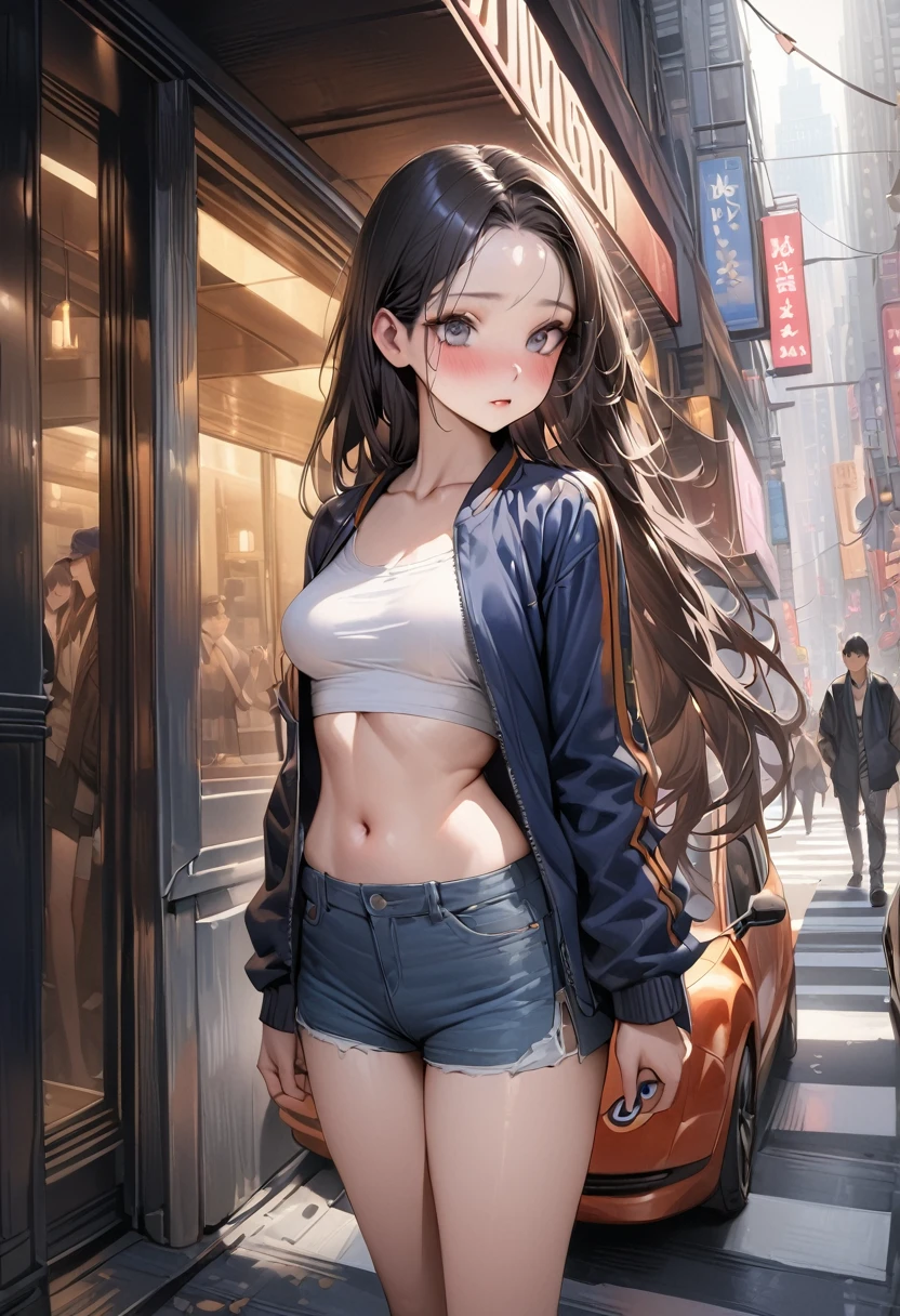 (((masterpiece,Highest quality:1.3,best quality illustration))),(realistic:1.2),cowboy shot,独奏,1woman,(20 year old beauty),((very small head:1.2)),black hair,long hair,forehead,center parted bangs,black eyes,gorgeous big eyes,blush,((very long body,skinny)),(Navy blue baseball jacket),medium breasts,gleaming skin,toned body,slender body,skinny,denim micro shorts,navel、Wearing a white tube top shirt and a blouson,on street,New York City、